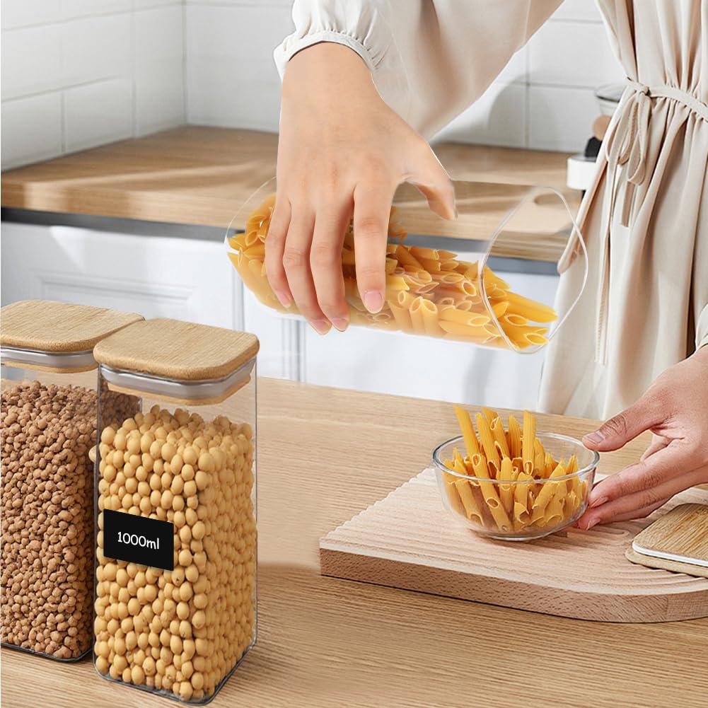 Barattoli di Cucina in Vetro, Set di 3 Barattoli in Vetro Borosilicato, 1000ml Barattolo Vetro con Coperchio, Barattolo e Contenitori con Etichette, per Cereali, Pasta, Zucchero, Caffè, Spezie