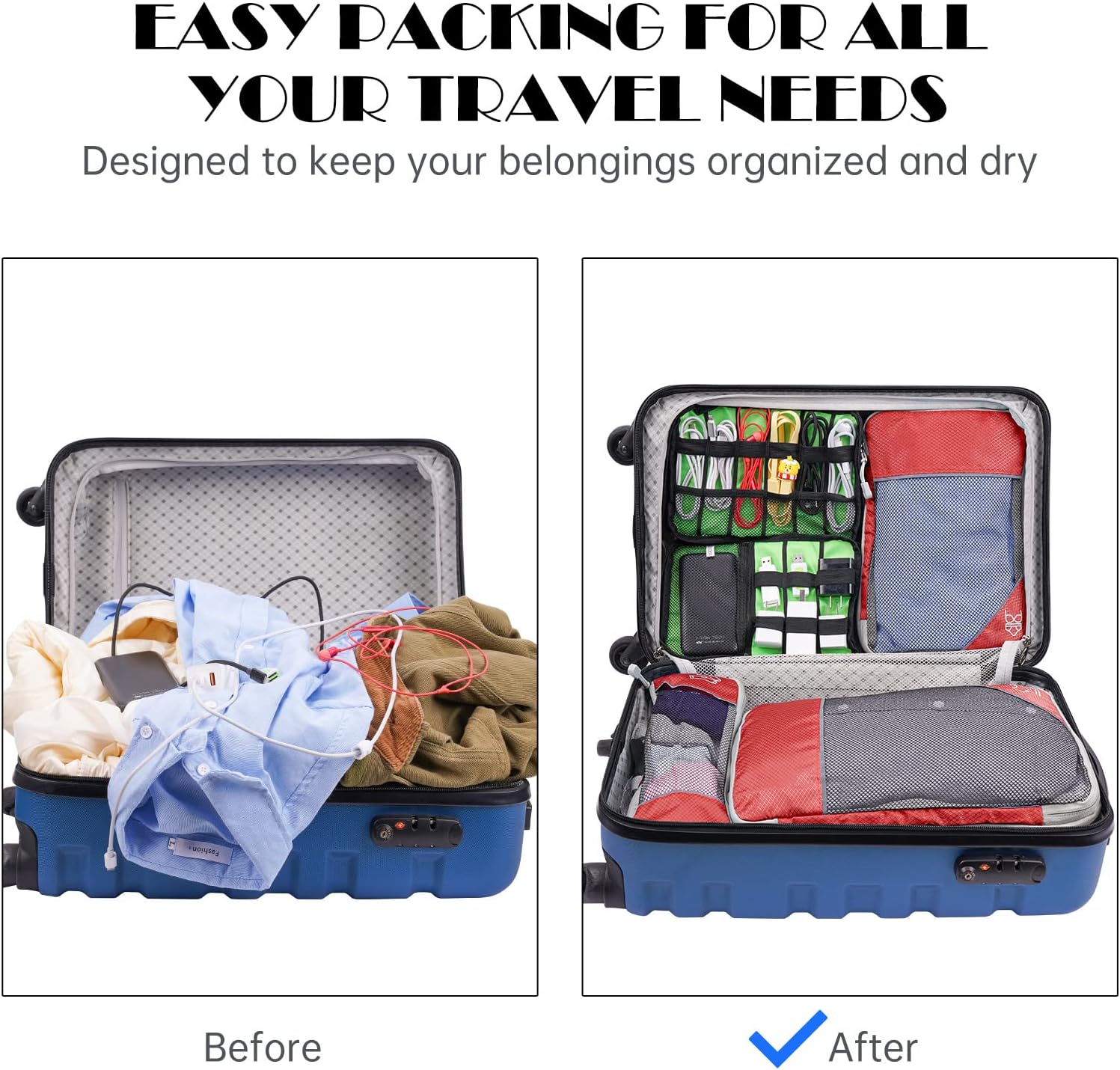 NiHome 7PCS Compression Packing Cube Set Expandable Mesh Travel Bag Luggage Organizers with Electronic Cable Cord Charger Organizer Drawstring Bag (Red)