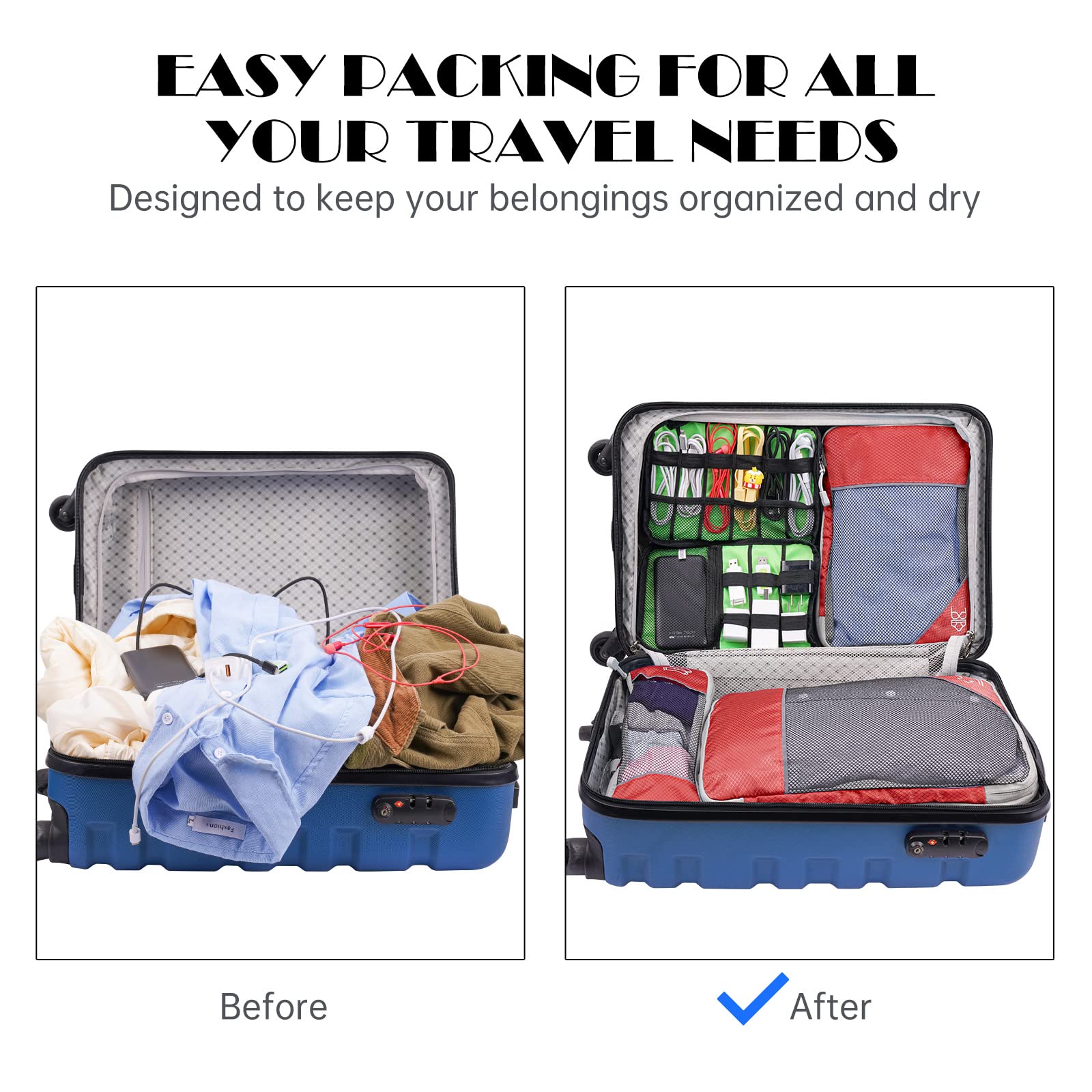 NiHome Set di 7 cubi a compressione espandibile, in rete, organizer per bagagli con cavo elettronico, caricabatterie, organizer con coulisse (rosso)