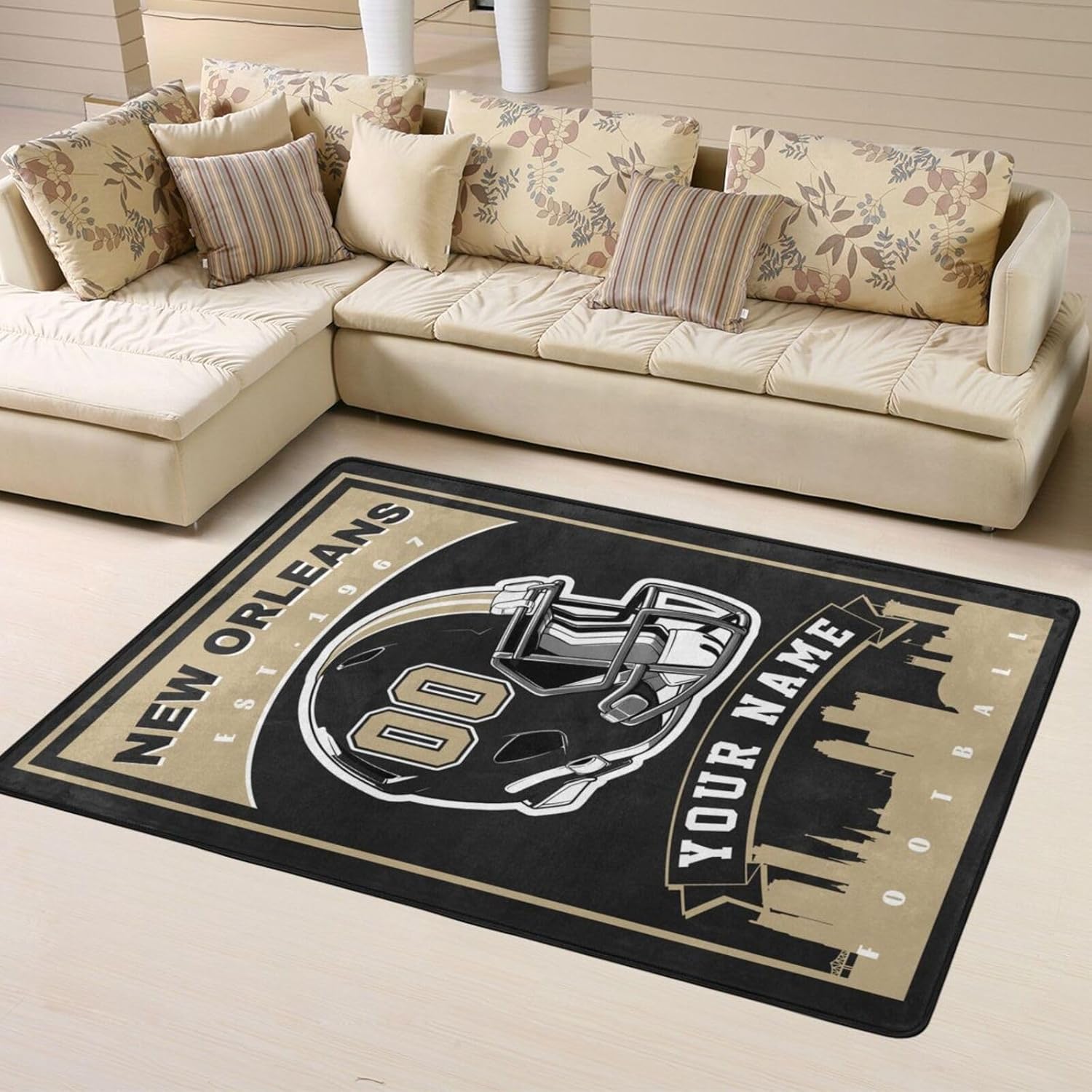 Custom Football Rug, Personalized New Orleans Area Carpet with Name Number, Customized Sports Rugs Gifts for Fans Living Room Bedroom Bathroom Kitchen Office Garden Balcony Decor, Large Size