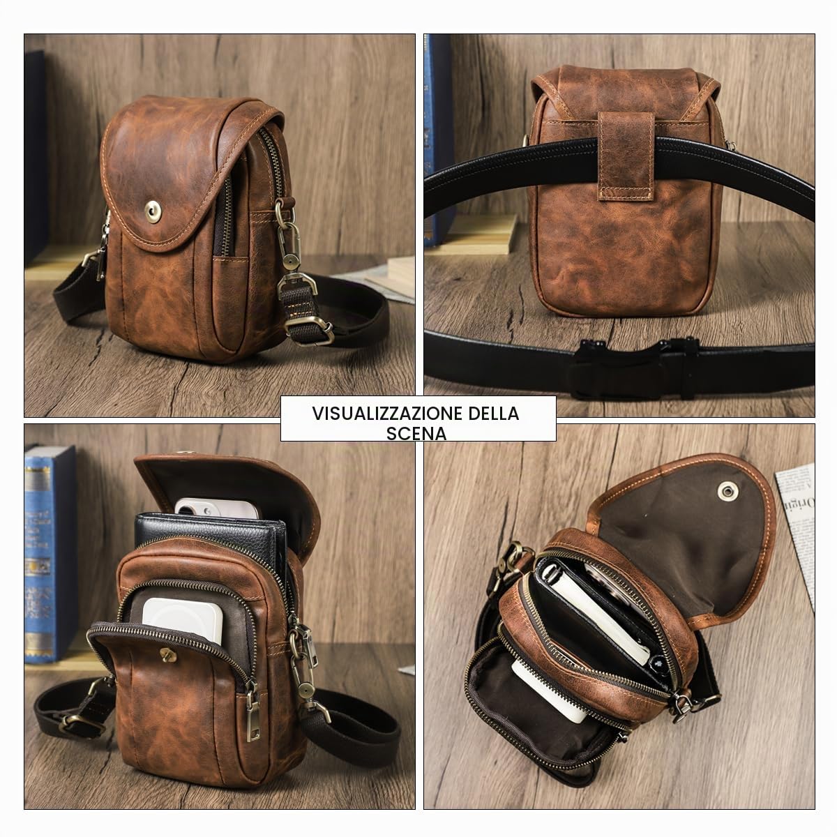 Contacts Borsa a tracolla da uomo, in pelle, piccola, da viaggio, con cinghia regolabile, Caff, 14.0 X 7.5 X 19.5 Centimeters, Retro