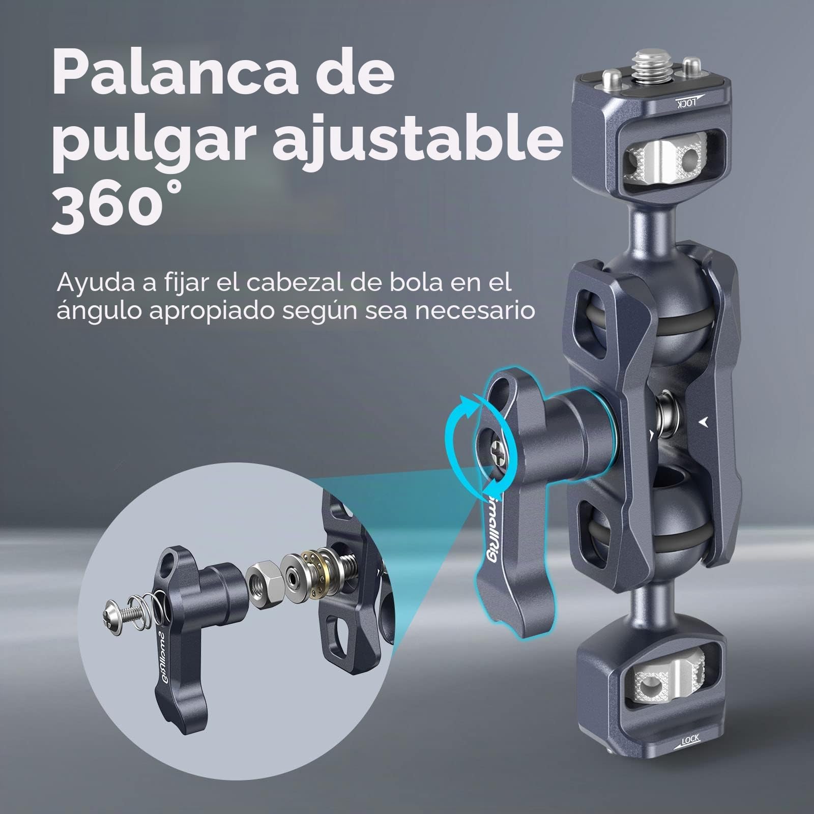 SMALLRIG Brazo Mágico de Dos Cabezas Esféricas con Tornillos de 1/4"-20, Carga Máxima de 6 kg, Solo 88g, Hecho de Aleación de Aluminio y Acero Inoxidable - 3873