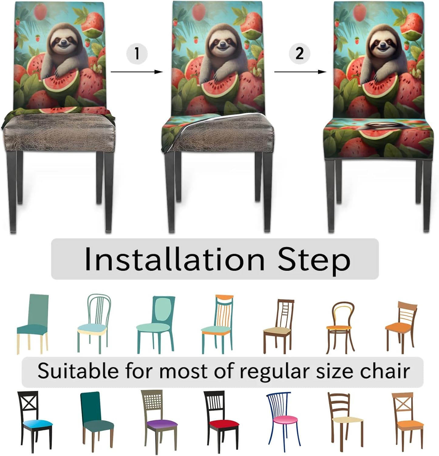 QsirBC Sloth Watermelon Stretch Dining Room Chair Covers Set of 6 Chair Slipcovers Removable Washable Kitchen Seat Covers Chair Protectors for Hotel Party Wedding