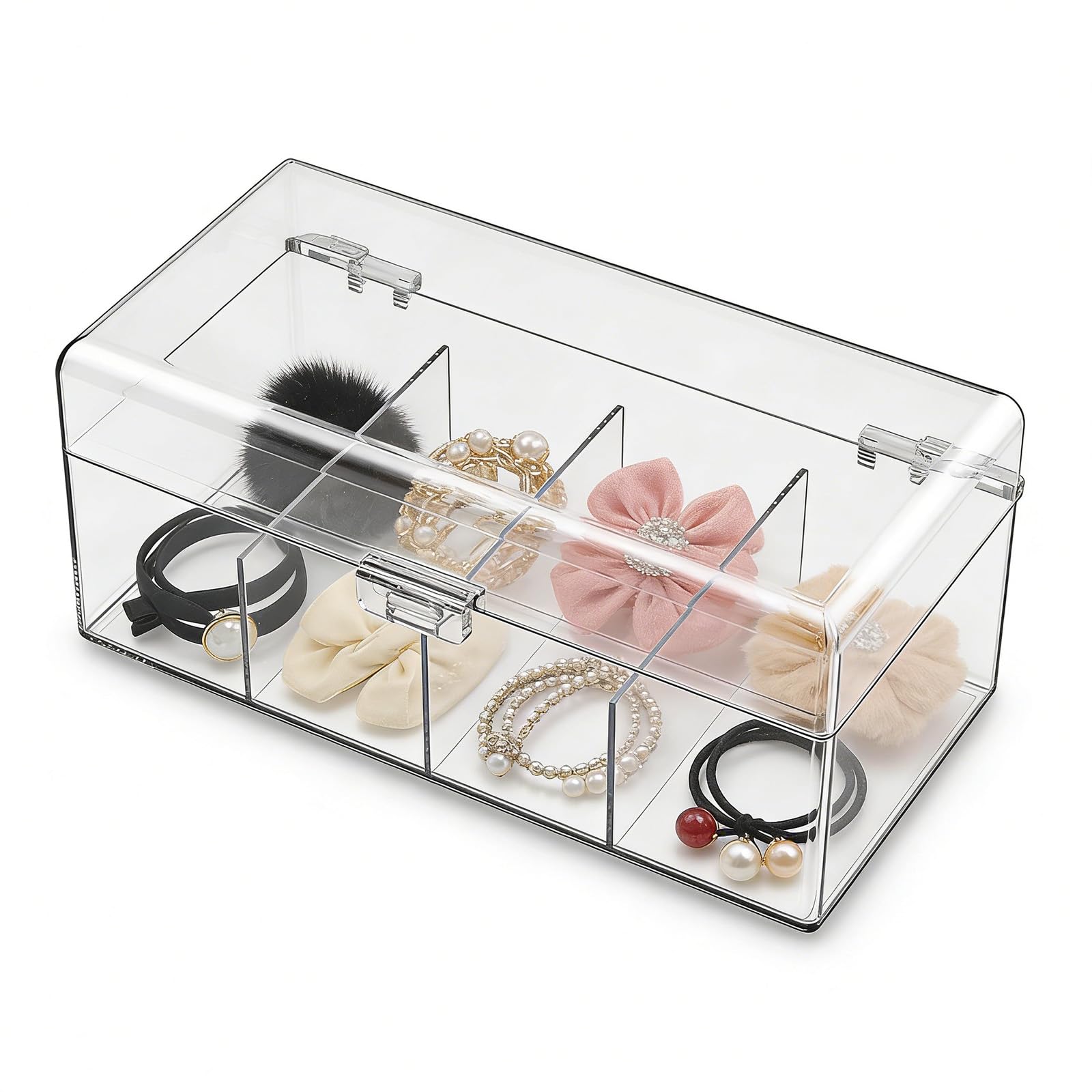 1 PCS Organizer Accessori Capelli Trasparente Porta Elastici Capelli e Fermagli con 4 Scomparti Contenitore Acrilico Impilabile Organizer Trucco Cassetto Coiffeuse Trucco Gioielli e Piccoli Accessori