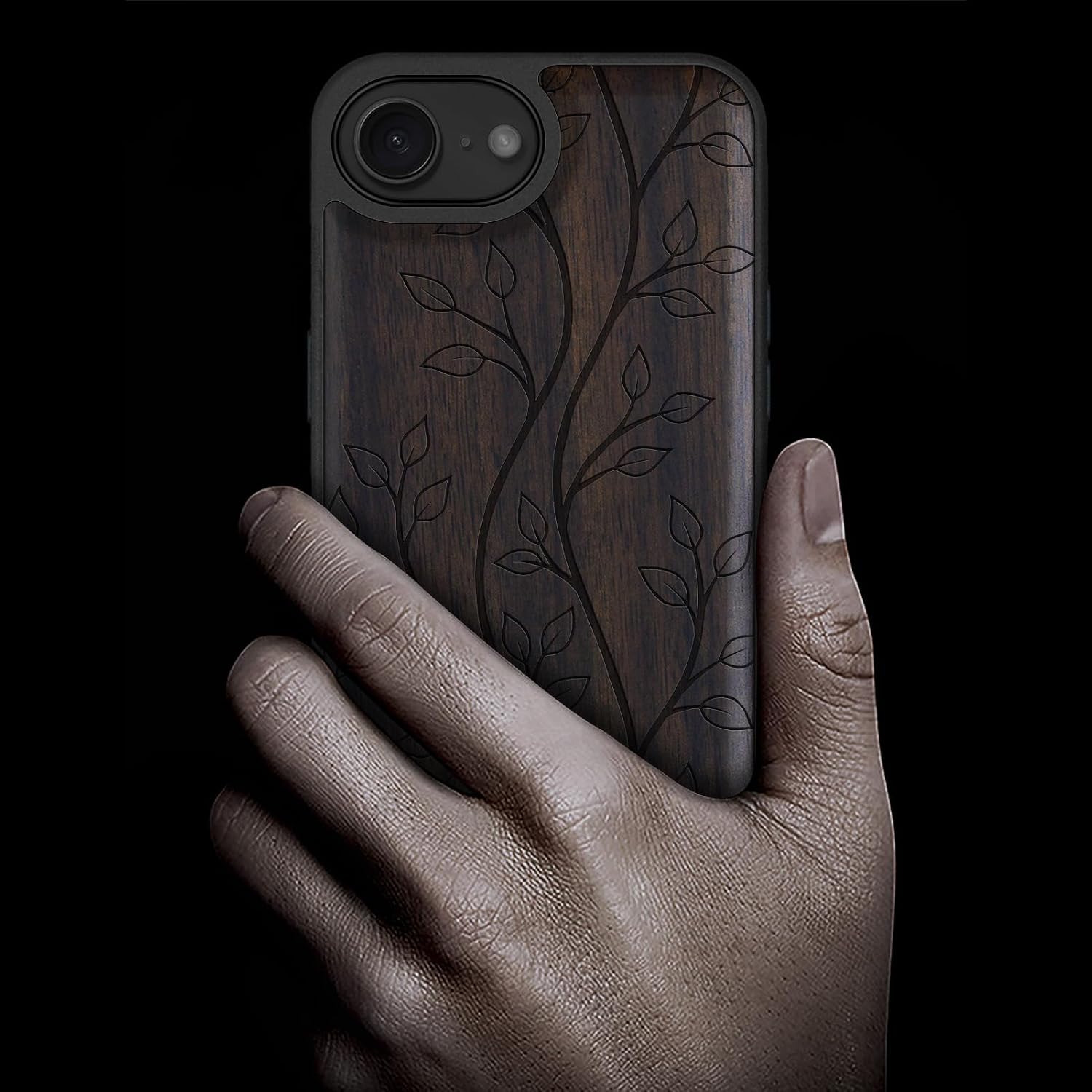 Carveit Magnetic Wooden Case for iPhone 16e / 17e, Solid Wood & TPU, Artisan Engraved Design, Shockproof Cover, Compatible with MagSafe Wireless Chargers, The Essence of Foliage - Blackwood