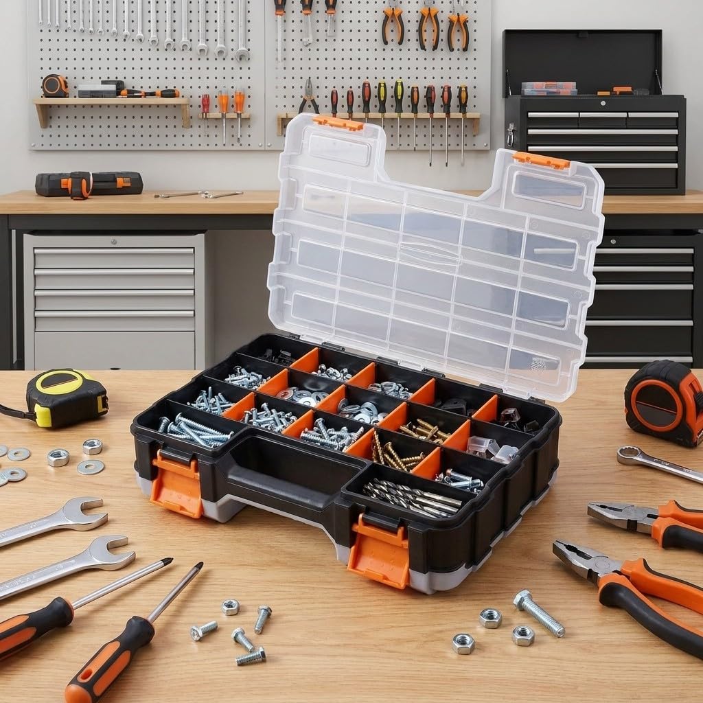 Double Side Tool Organizer With Removable Dividers, Hardware Storage Case