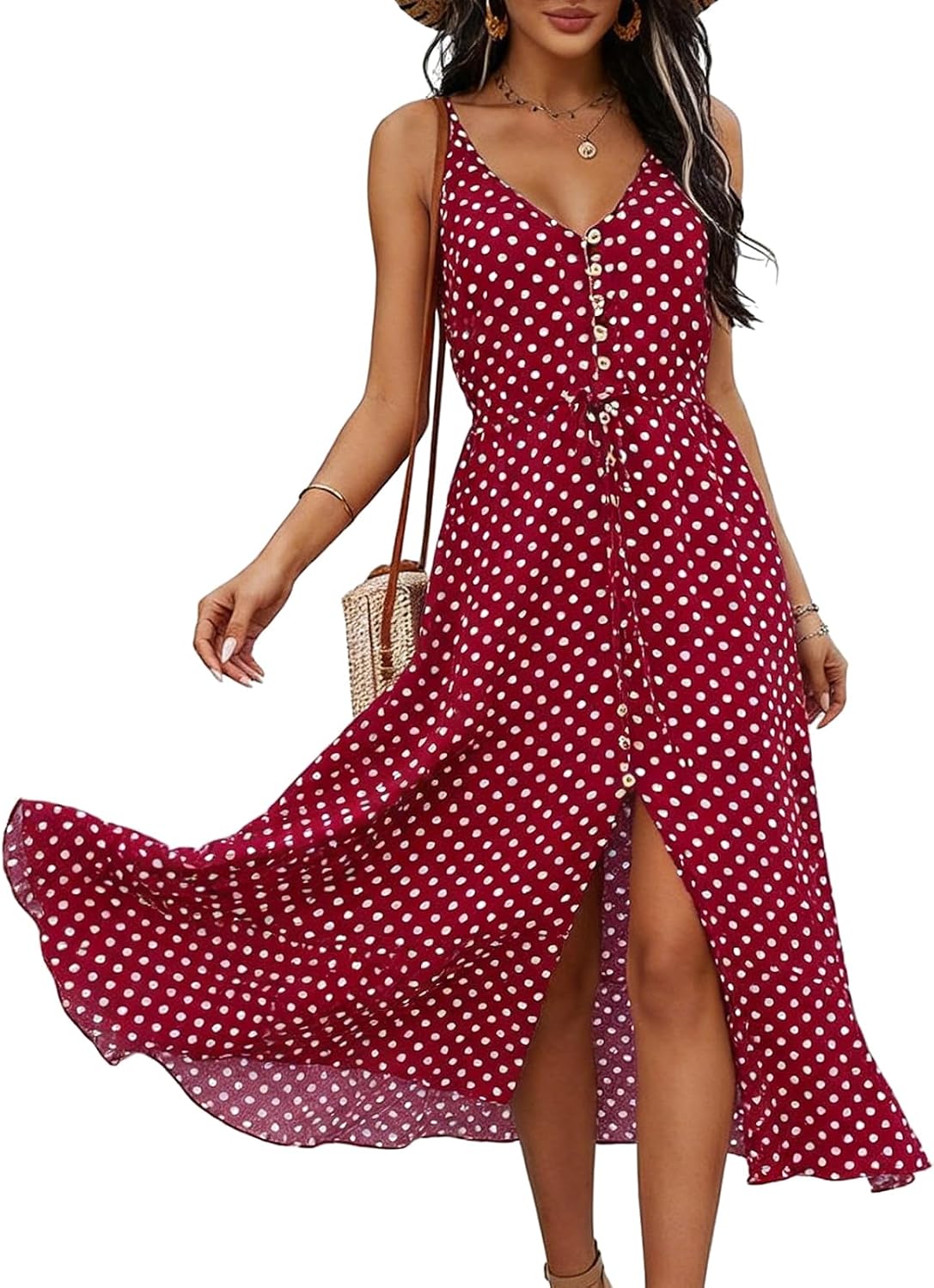 BROVAVE Women's 2026 Summer Casual Boho Sundress Polka Dot Spaghetti Strap V Neck Flowy Midi Dresses
