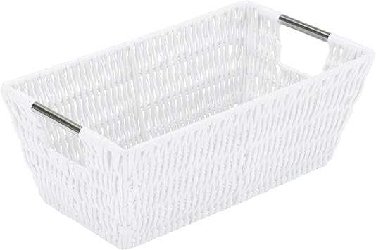 Simplify 11"x6.5"x4.5" Small Shelf Storage Woven Basket with Handles, Nursery, Playroom, Toys, Bedroom, Closet, Clothes, Office, Decorative Rattan Totes, White