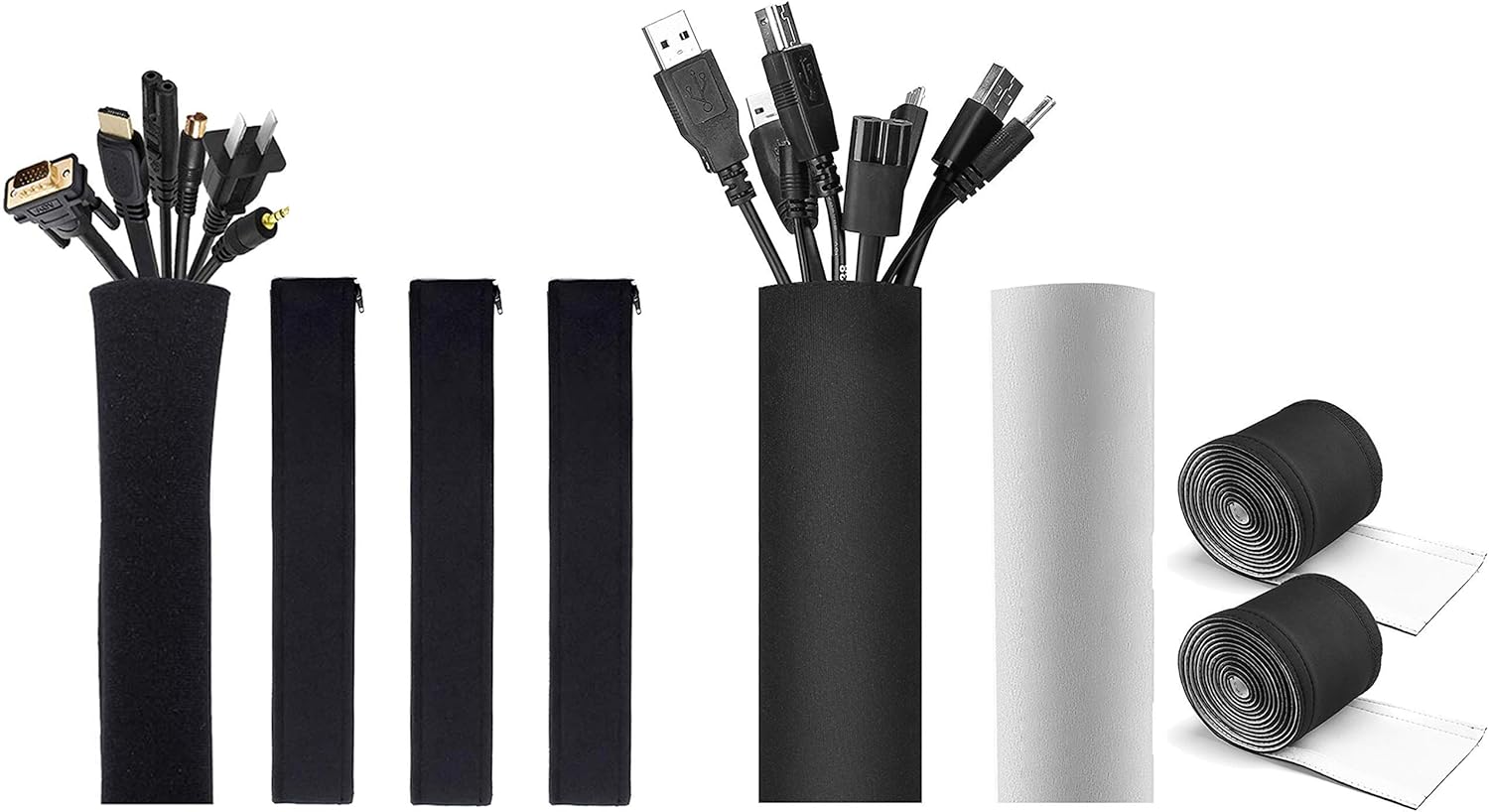 JOTO [4 Pack] 19-20 Inch Black Flexible Cable Management Sleeve Bundle with [2 Pack] 130" Cuttable Cable Management Sleeve