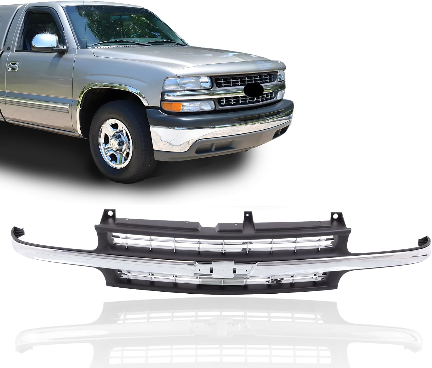 Front Grille Grill With Chrome Center Cross Bar With Black Insert Black Shell Compatible With Chevrolet Silverado 1500 2500 1999-2002 & Suburban 1500 2500 & Tahoe 2000-2006