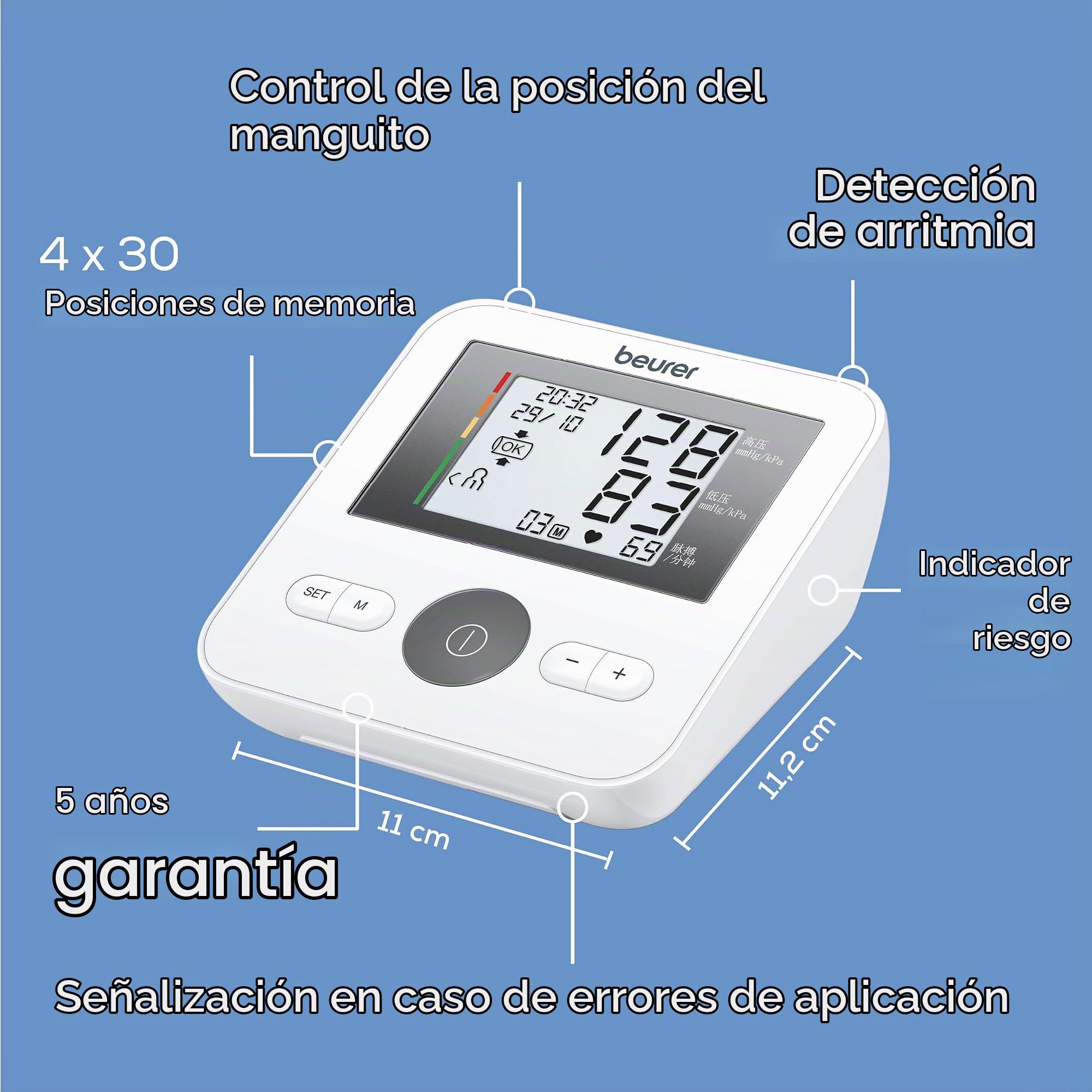 Beurer BM27 Tensiómetro de Brazo, Blanco, Indicador OMS, Detección de Arritmia + PO 30 Pulsioxímetro, medición saturación de oxígeno (SpO2) y frecuencia cardíaca