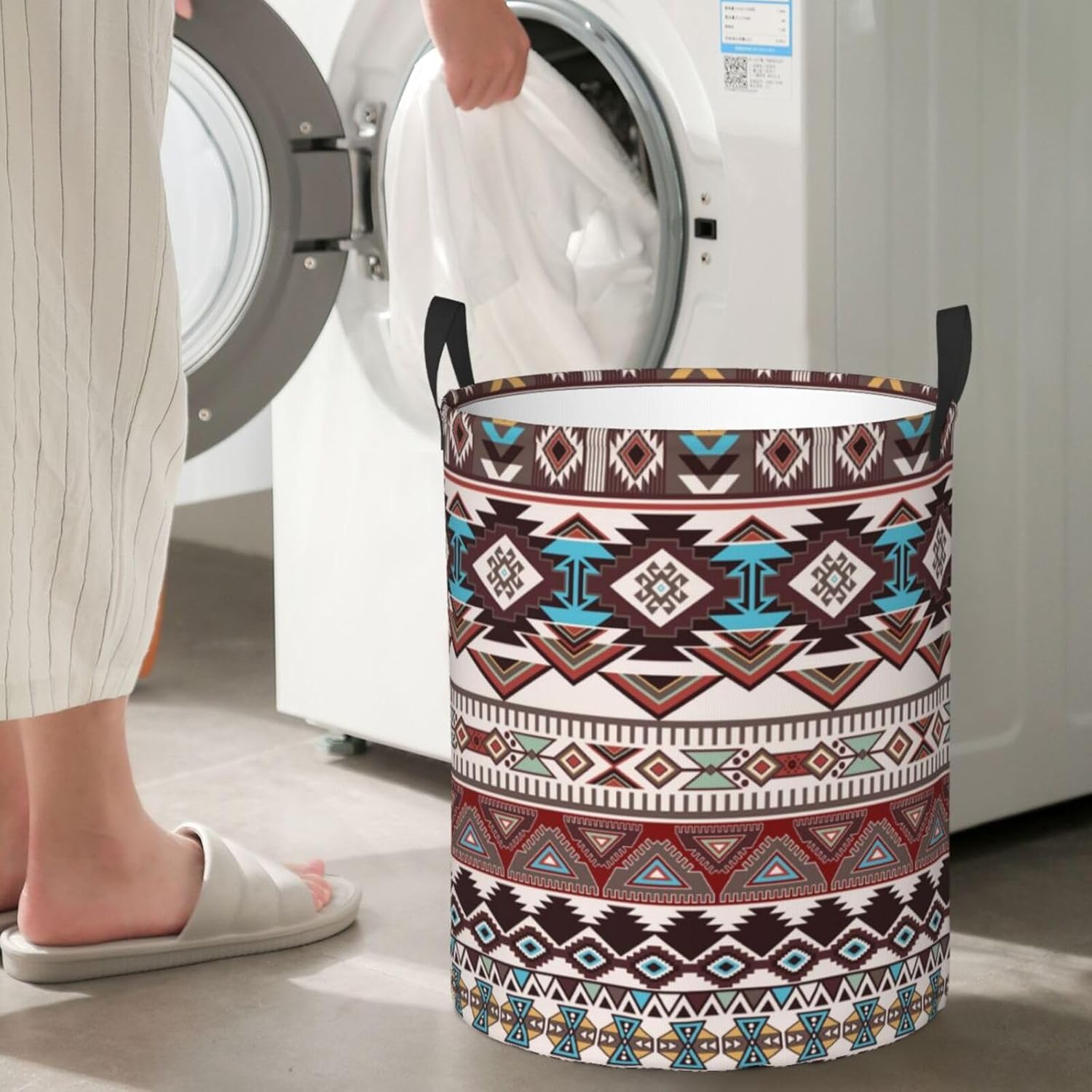 Ethnic Native American Aztec Boho Laundry Hamper with Durable Handle Waterproof Collapsible Laundry Basket Circular Storage Bin Dirty Clothes Bag for Bedroom Children Nursery Bathroom