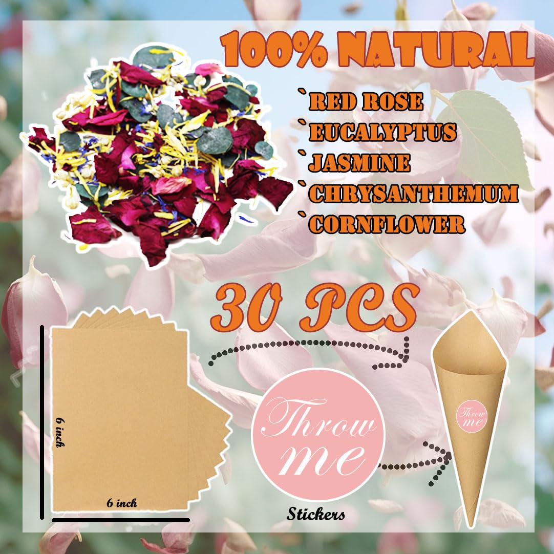 Hochzeitskonfetti mit Rittersporn, Jasmin und Ringelblume für verbesserten Segen, 3 Quarts rote Rosenblätter und Eukalyptusblätter, große Verpackung für 30 Tassen