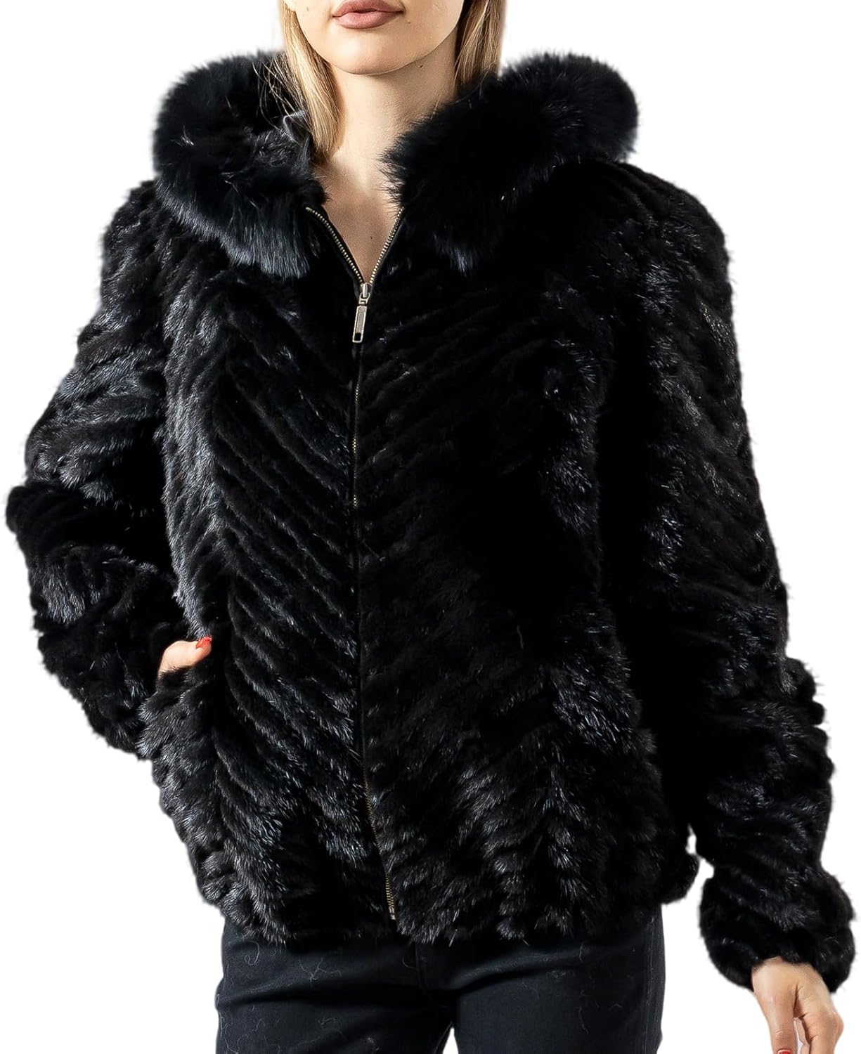 LVCOMEFF Women Real Mink Fur Knitted Coat with Fox Fur Trim Hood Jacket Natural Classic Knitting
