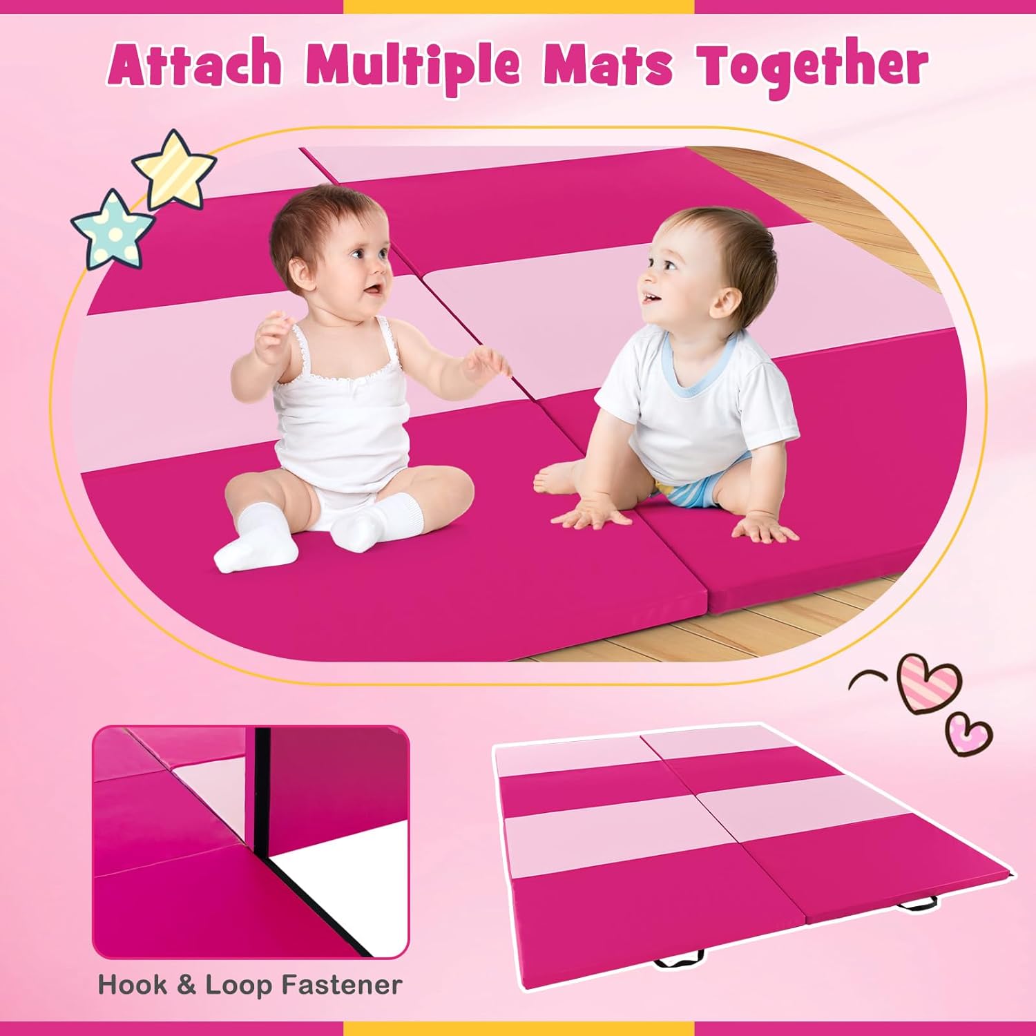 Two Giantex Gymnastics Mats connected using hook and loop fasteners, with two babies playing on them.