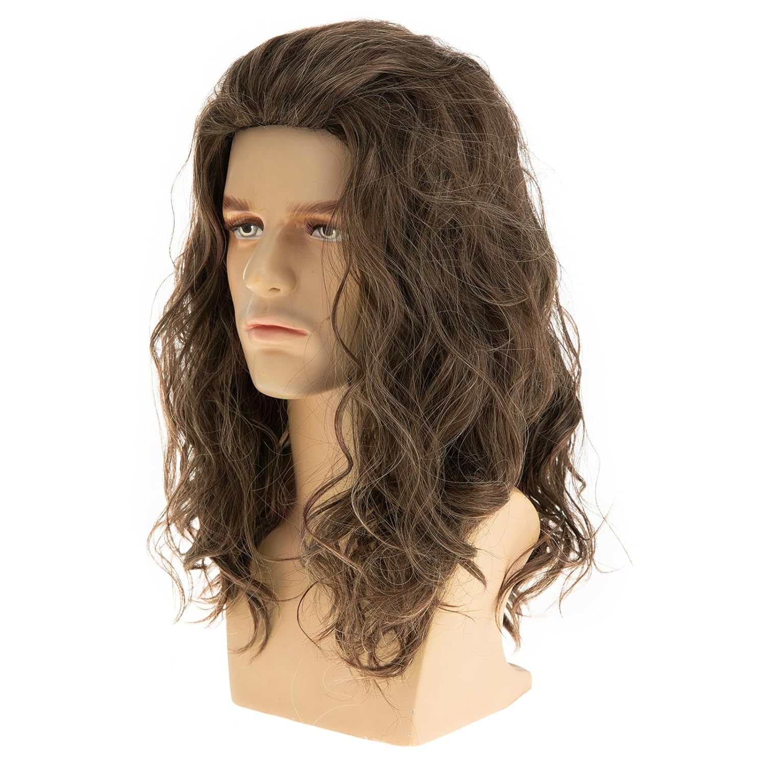 Mens Brown Wavy Wig Medium Length Synthetic Cosplay Party Replacement Hair Wig