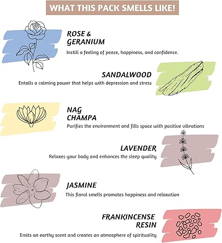 Miniatura 5 de Folkulture Juego de regalo de varillas de incienso  Paquete de 12 inciensos 240 palos  Rosa y geranio jazmín lavanda champán Nag sándalo pachulli