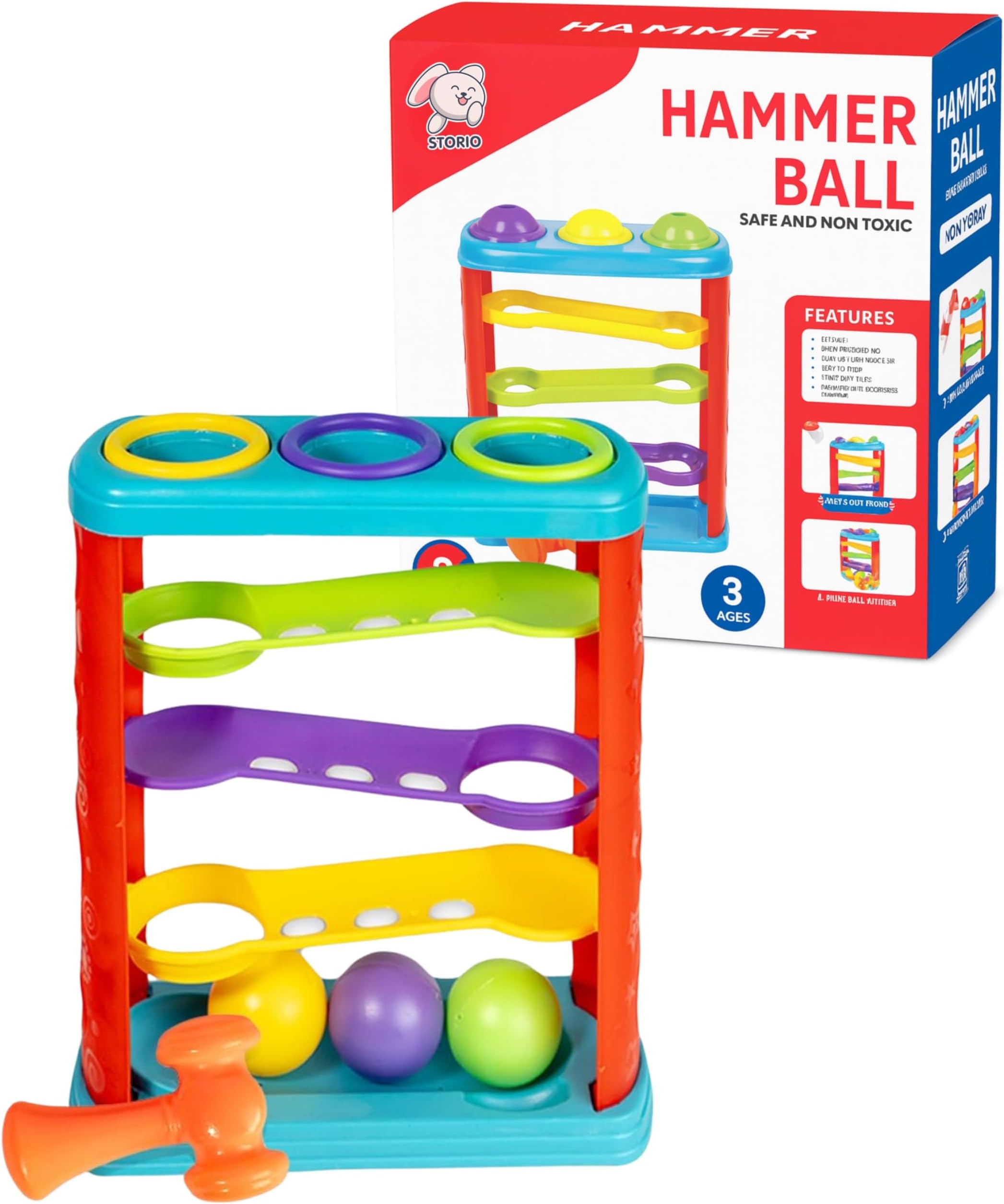Storio Hammer Knock Ball for Babies and Toddlers - Pound and See The Balls Roll Down The Ramps for Infants Kids Boys Girls - Multicolor
