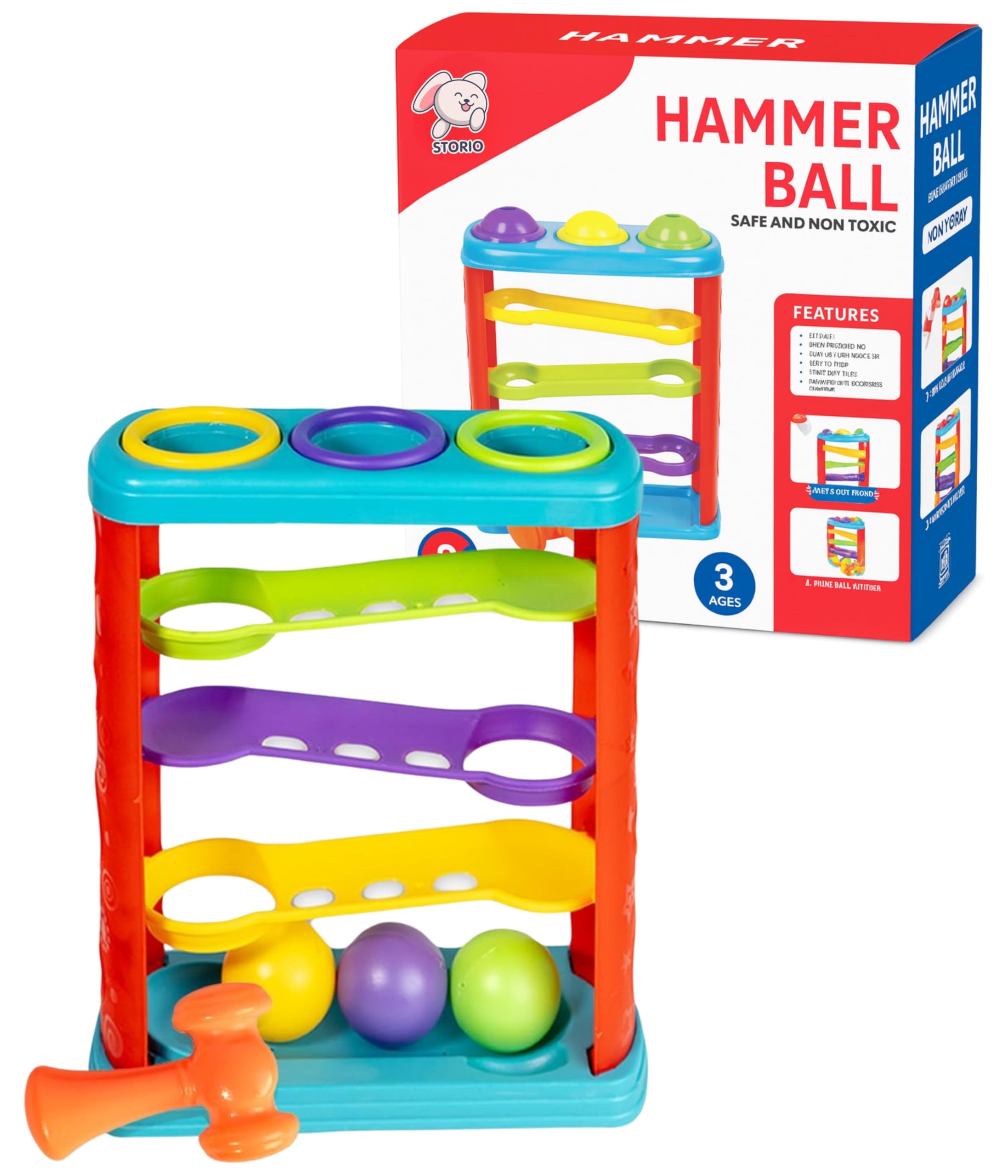 Storio Hammer Knock Ball for Babies and Toddlers - Pound and See The Balls Roll Down The Ramps for Infants Kids Boys Girls - Multicolor