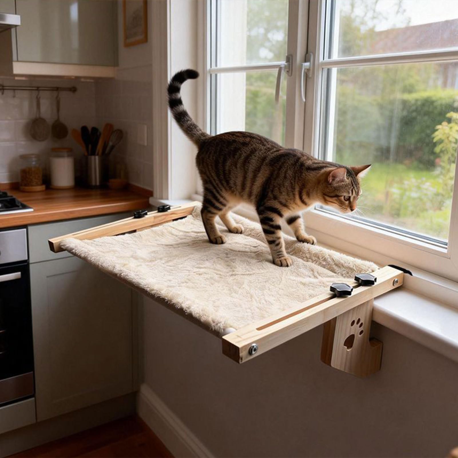Hamaca De Ventana para Gatos - Reposadero de Madera para Descanso,con Una Suave para Hamaca De Ventana De Gatos En Interior - para Uso En Pared, Interior, Habitación, Apartamento Y Balcón