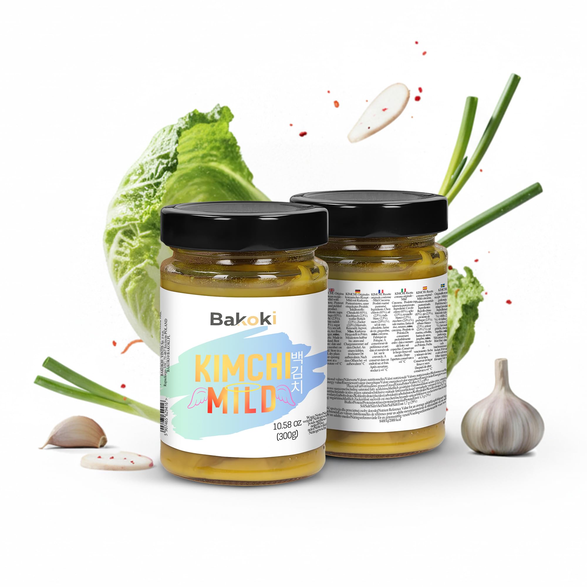 Bakoki 백김치 Baek‑Kimchi – Kimchi doux, sans piment, fermenté de manière traditionnelle au curcuma – 2 × 300 g (idéal pour le déjeuner, les bowls et les accompagnements)