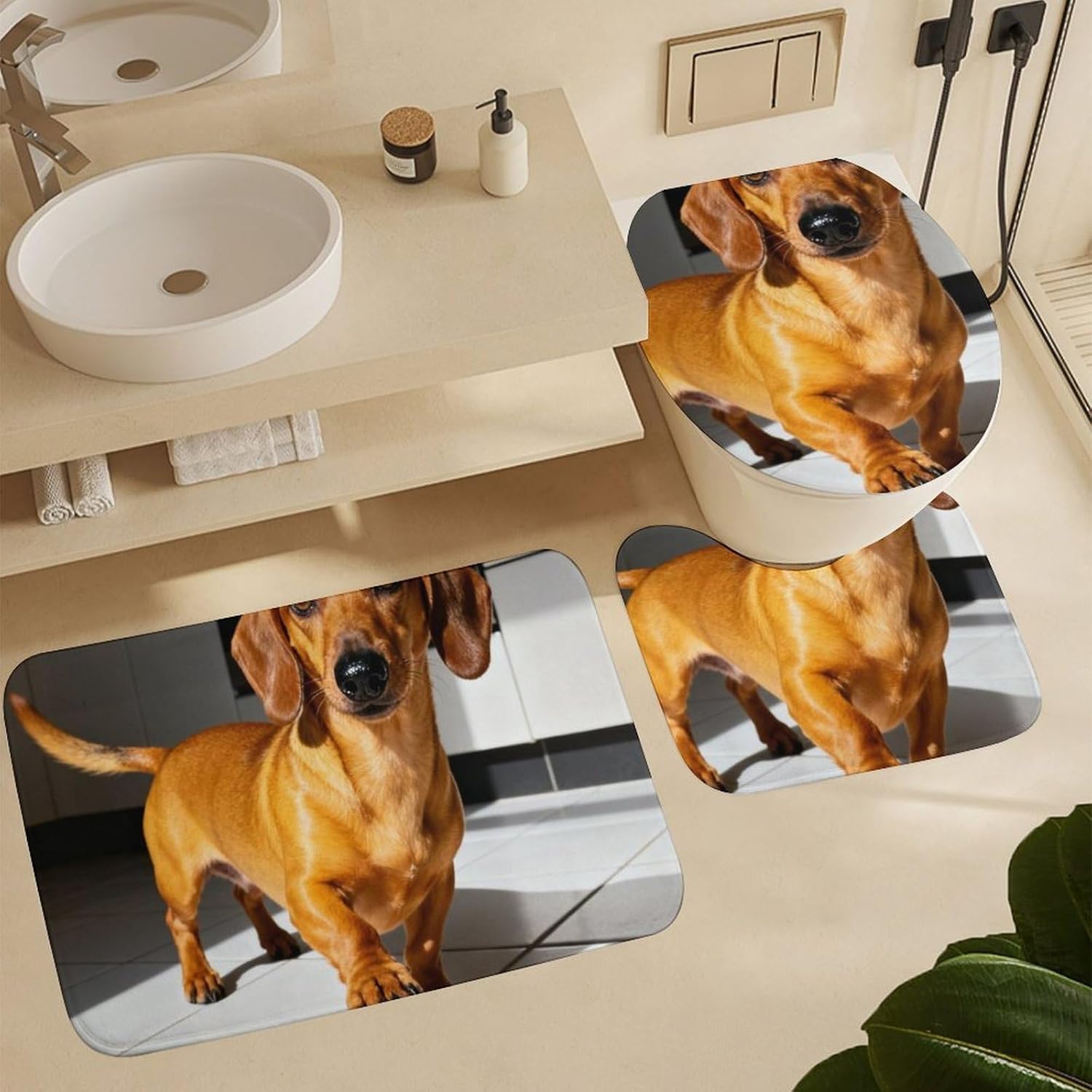 4 Piece Bathroom Rug Set with Shower Curtain, Non-Slip Bath Mat Toilet Cover Set, Dachshund Running Bathroom Rug Sets