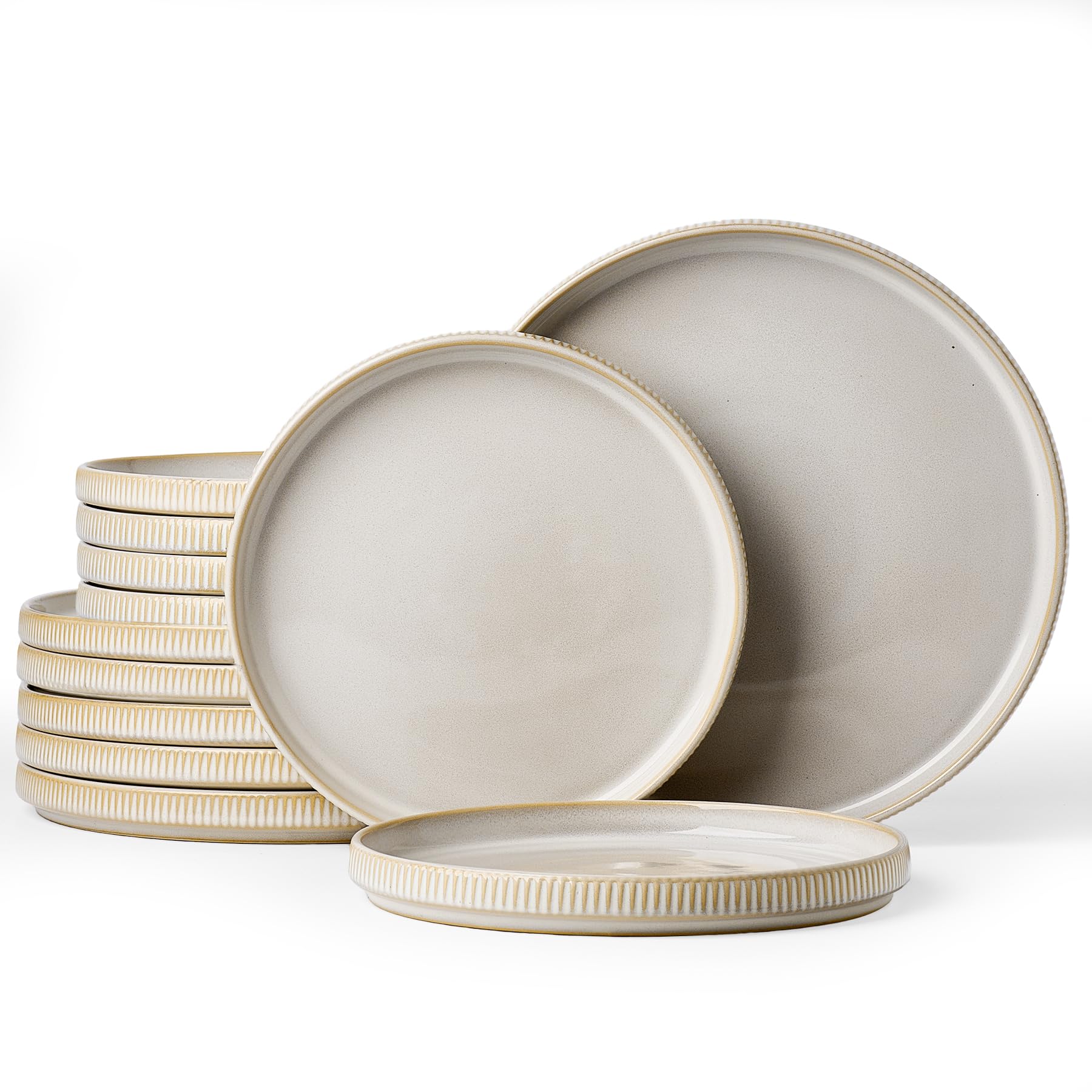 Famiware 12pc Ceramic Flat Plates, Scratch-Resistant Dinnerware Sets for 6