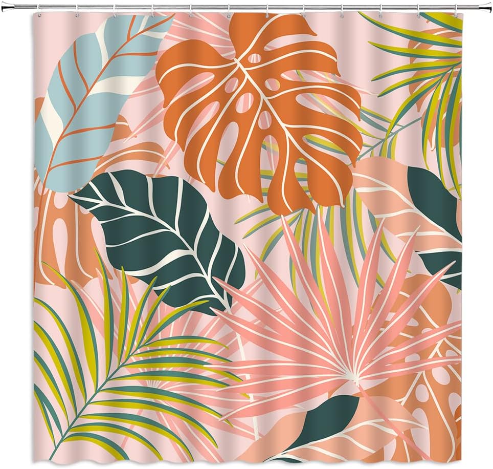 Tropical Leaf Shower Curtain Palm Leaf Green Plant Butterfly Summer Watercolor Banana Monstera Jungle Botanical Fabric Bathroom Curtain Set with Hooks(70" Wx78 H)
