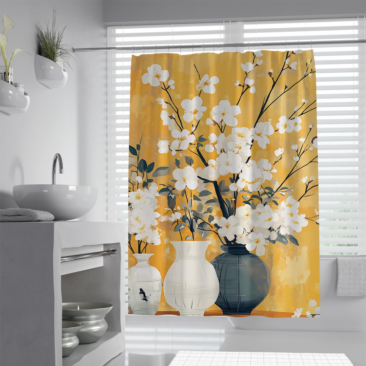 UIRINGART Warm Jasmine Shower Curtain W120xL180cm White Flower Porcelain Vase Botanical Branch Print Anti Mould Bathroom Curtain For Walk In Shower Home Hotel With Hook