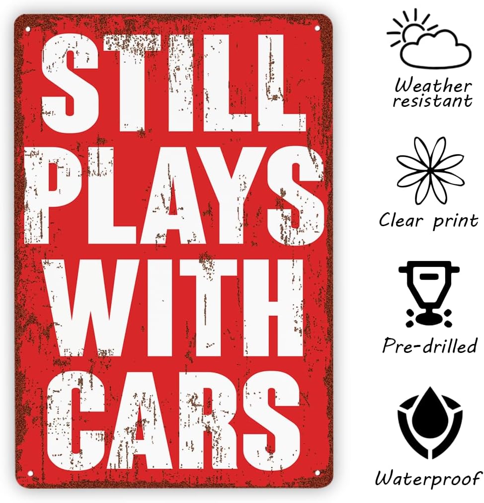 Funny Vintage Metal Tin Signs, Still Plays With Cars Metal Tin Signs, Garage Man Cave Home Bar Decor, Garage Decor for Men, Mechanic Man Cave Barn Plaque Wall Art Poster image 3