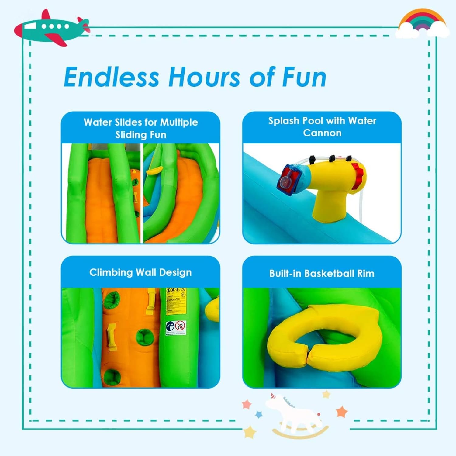 BOUNTECH Inflatable Water Slide, 6 in 1 Giant Water Park Dual Slides Jump Castle with GFCI Blower for Outdoor Racing Fun, Climbing Wall, Blow up Water Slides Inflatables for Kids 3-10 Outdoor Indoor