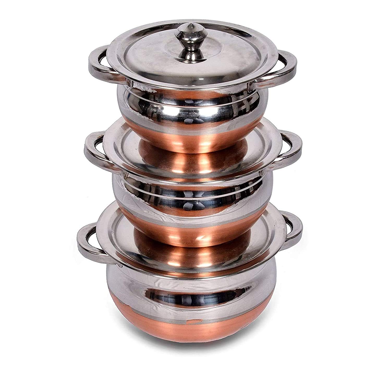 Redific 3Piece 3 Pc) (3 Pc) Handi Set With Lid And Handle Copper Bottom Stainless Steel Heavy Gauge Kitchen Serving And Cooking Handi Set Pot Vessel With Lid And Handle (Set Of 3,), 3.250 Liters