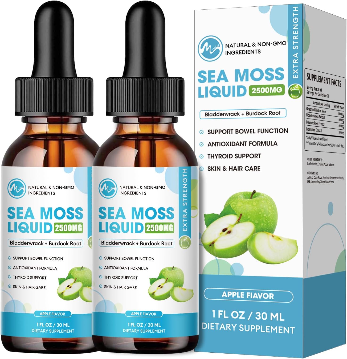 (2 Pack) 2500mg Irish Sea Moss - 4X Stronger Than Sea Moss Gel, Capsules, and Gummies, Irish Sea Moss Supplement Supports Immunity, 2 Fl.Oz, Green Apple Flavor