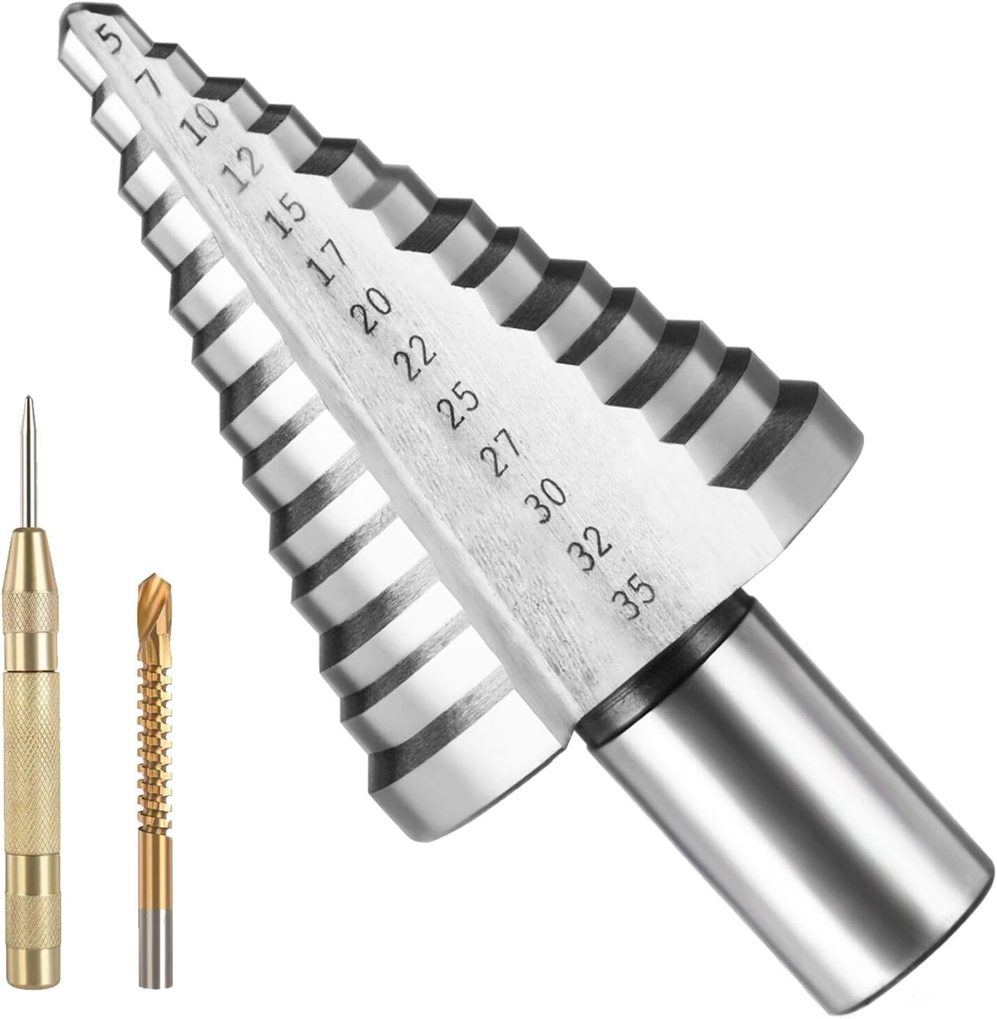 flintronic Step Drill Bit 5mm-35mm, with 1 Automatic Center Punch& 1 Twist Drill Bit, HSS Titanium Coated Double Slot Cone Cutting Drill