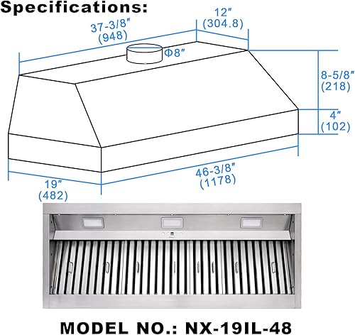 Miniatura 4 de Akicon Campana extractora de 48 pulgadas, 1200 CFM, campana de cocina integrada con 4 velocidades, inserto de campana de ventilación con conductos