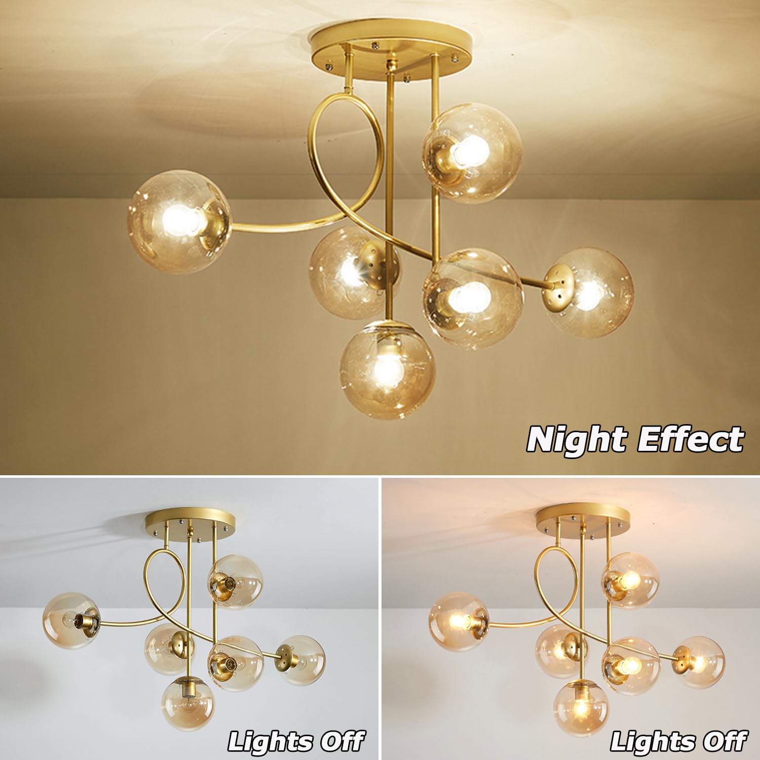 Lampadario moderno a soffitto E27 a 6 luci, lampadario a sospensione vintage in metallo con sfera di vetro E27 per camera da letto, soggiorno, cucina, loft, diametro 90 cm