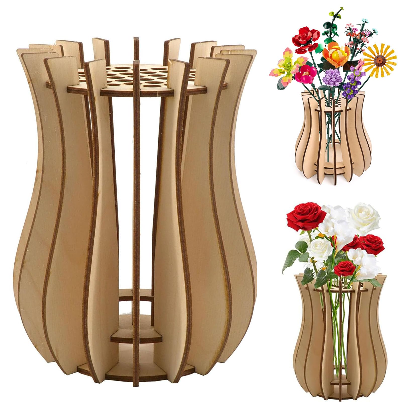 Florero de Madera para Lego, Jarrón 3D Puzzle Decorativo con Diseño Construible para Flores Artificiales, Original (Talla pequeña)