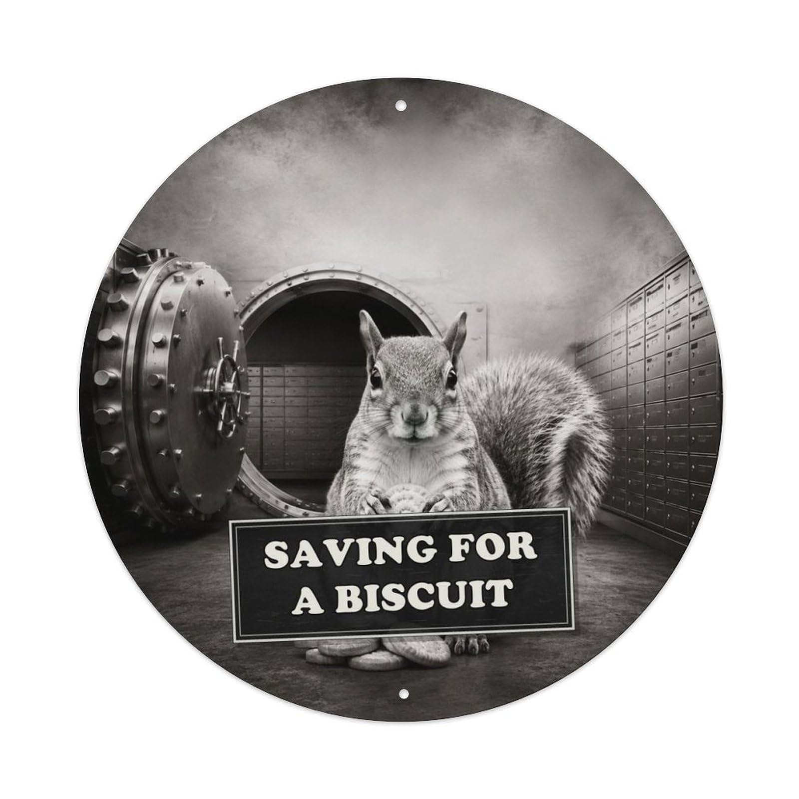Surreal Animal Squirrel Bank Vault Anthropomorphic Black Fable Metal Tin Sign Plaque Wall Decor for Cafe, Man Cave, Club Bar, Office, Home Garden Round Metal Poster 8x8Inch