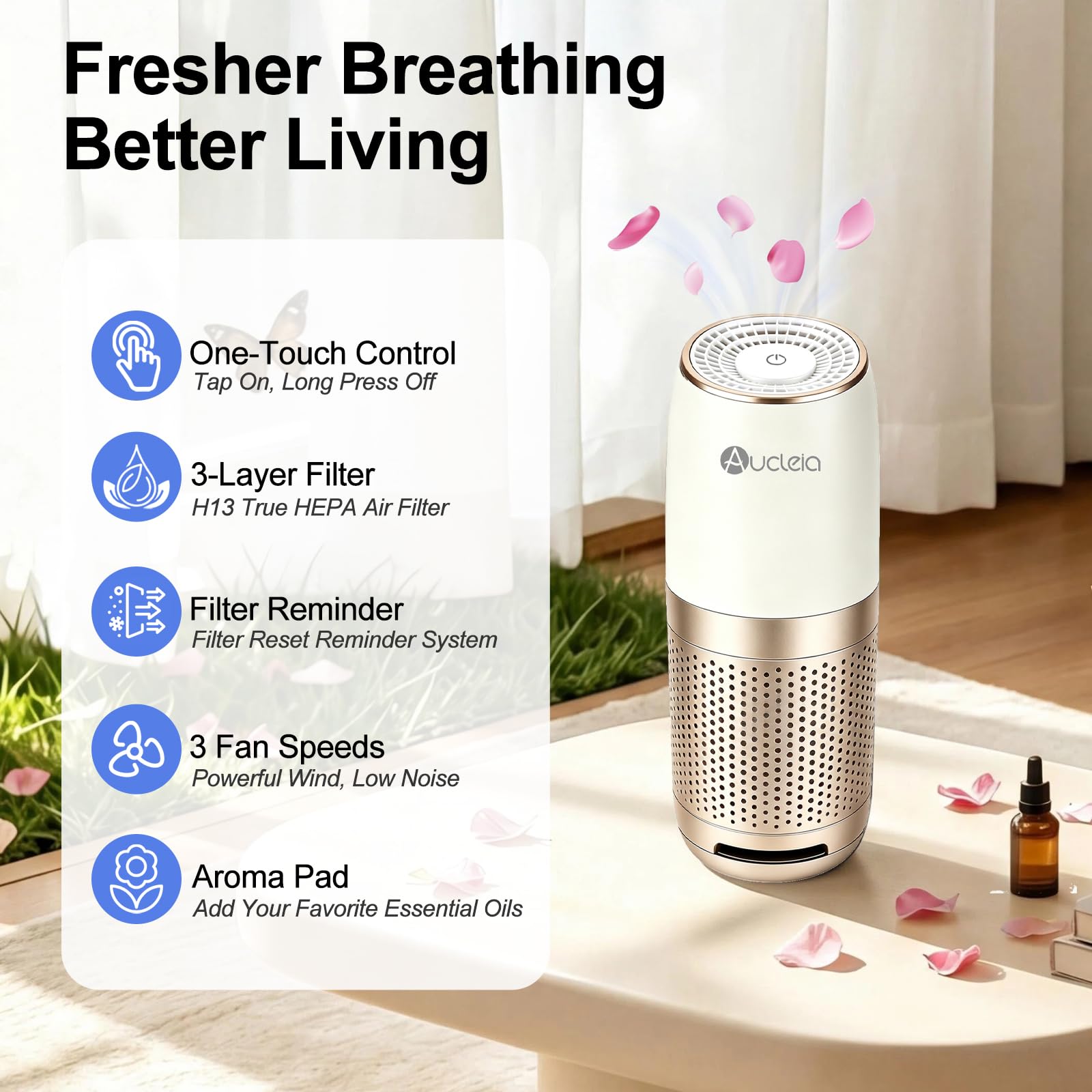 Aucleia Mini purificatore d'aria ionico per casa e camera da letto, con cuscinetti aromatici, confezione da 2, oro