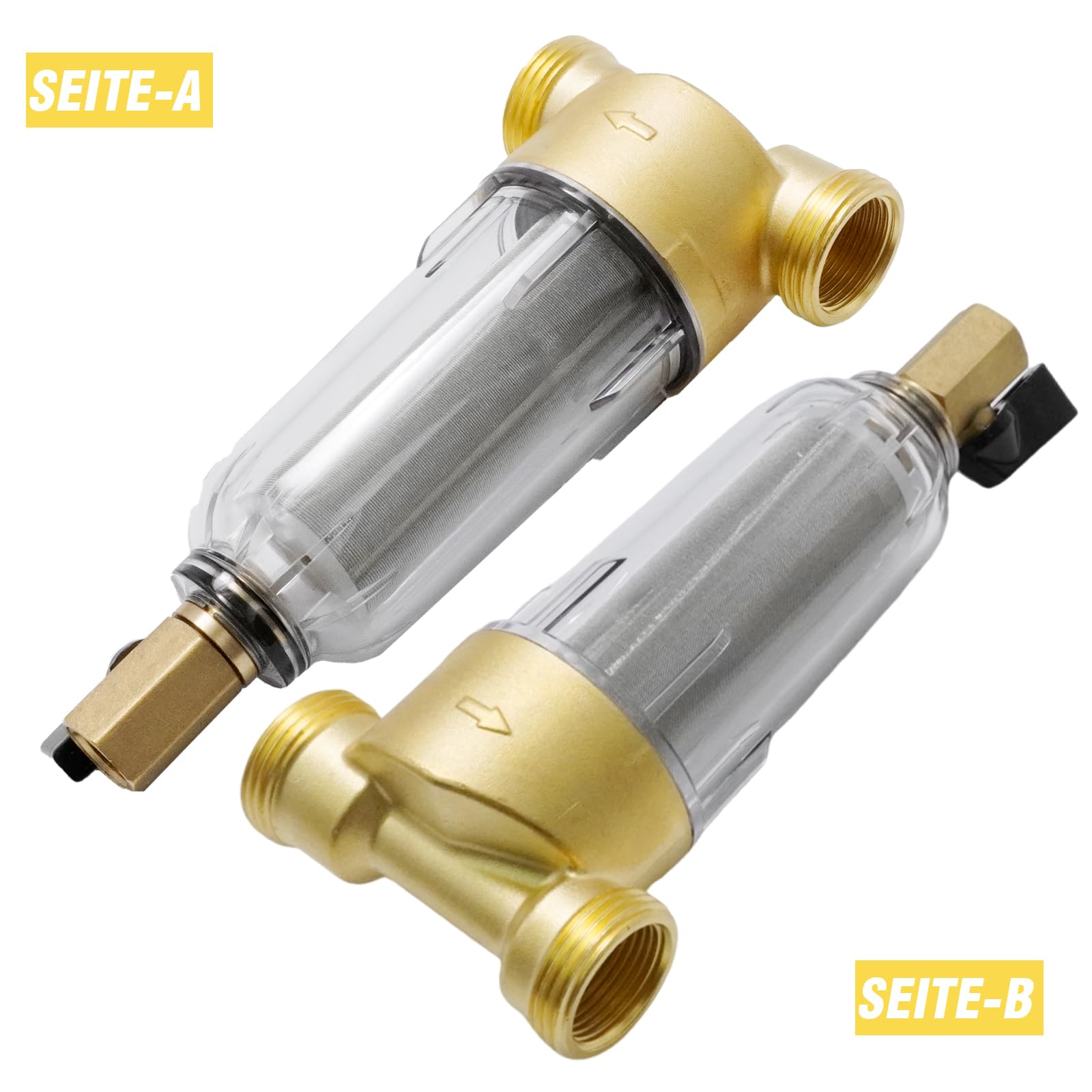 Wiederverwendbar Wasserfilter Vorfilter, 1 Zoll mit 3/4" Adapter, 40 Mikron Edelstahl Filternetz, Transparentes Gehäuse für Waschmaschine Hauswasser