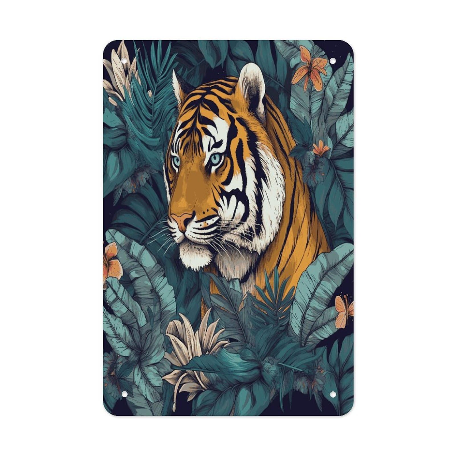 LDGSUPH Tropical Tiger Wall Art Prints Folded Edge Iron Sheet Painting with Holes for Wall Prints Decorative Picture Metal Signboard Decor Painting for Outdoor Indoor Wall Decor