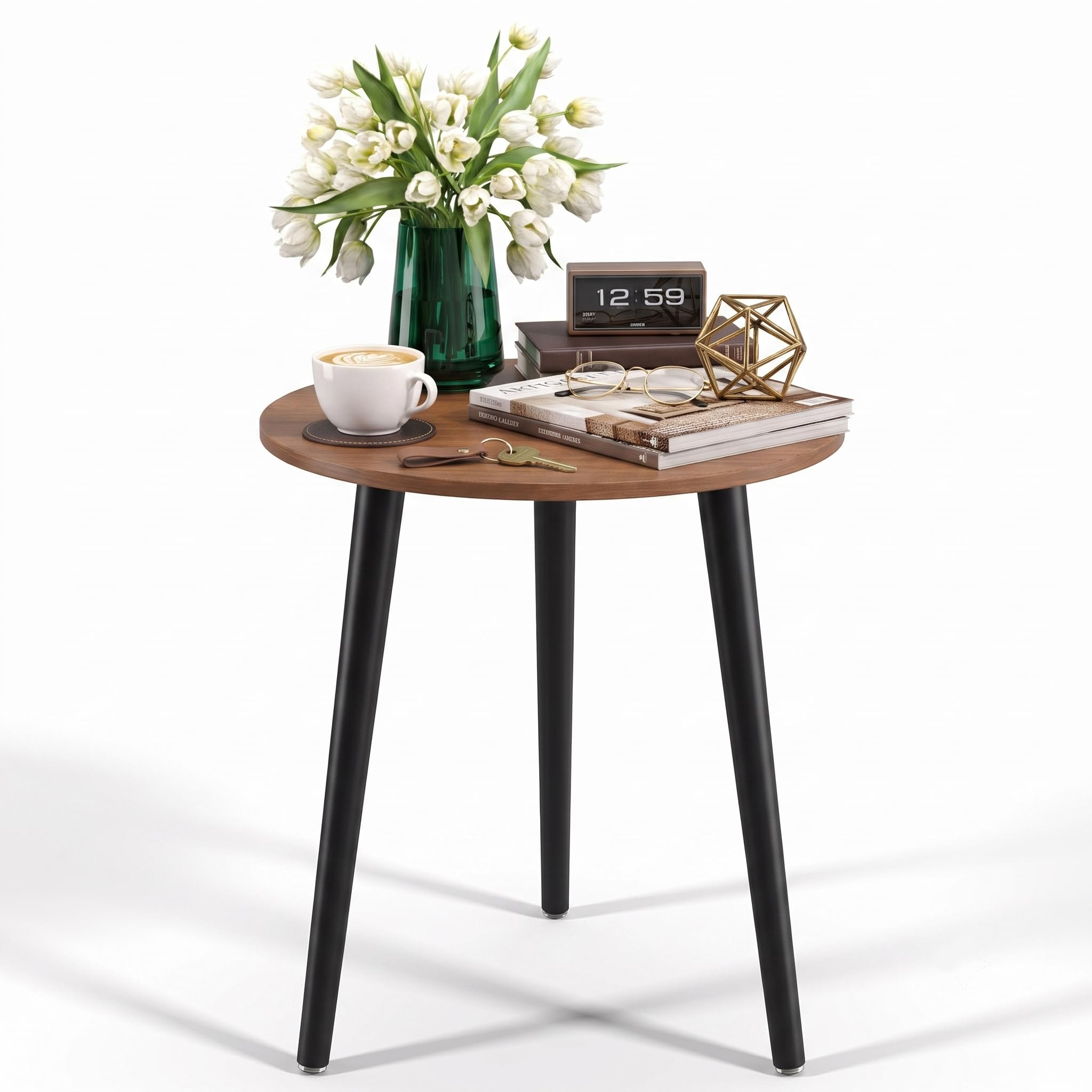 APICIZON Mesa auxiliar redonda de madera - Pequeña, fácil de montar, 42x42x51CM, estilo escandinavo, nogal para salón, dormitorio, balcón, cuarto de flores