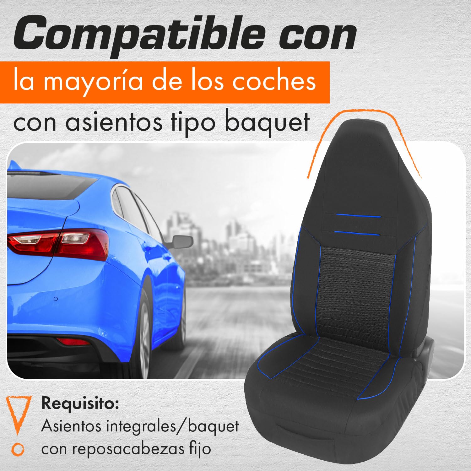 Upgrade4cars Fundas Asientos Coche con Reposacabezas Incorporado Universales Negro Azul | Cubre Universal | Protector de Asiento Delantero para Delantero y Trasero