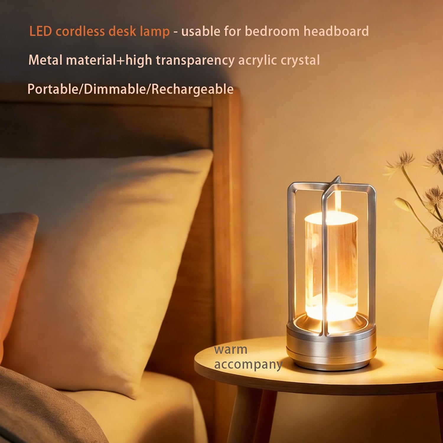 Cordless Table Lamp Rechargeable Portable Metal Touch Small Desk Lamp,Indoor/Outdoor Battery Operated LED Night Light,3Color Stepless Dimming Crystal Lantern,for bedrooms,Bars,cafes,Camping,Silver