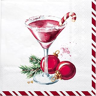 LeZakaa 50Pcs Christmas Cocktail Napkin, Red Martini Glass with Candy Cane & Ornament Design, 3-Ply Dinner Napkins Square Disposable Guest Paper, Table Décor and Party Supplies, 6.5 x 6.5 In