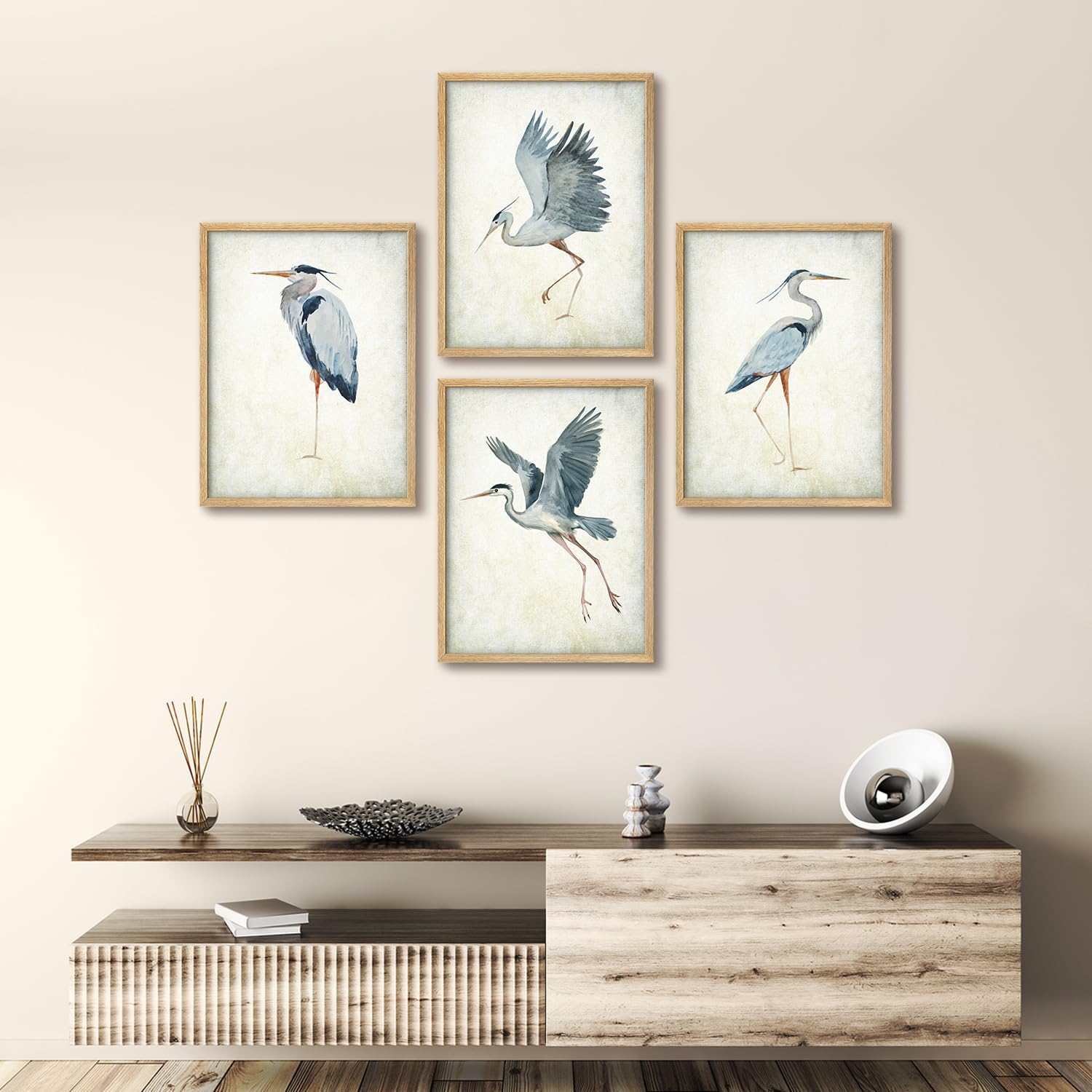 SIGNWIN Framed Poster Set Watercolor Heron Bird Elegant Herons in Various Poses Illustrations Modern Art Decorative Minimalist Multicolor for Bedroom - 12"x16"x 4 Natural