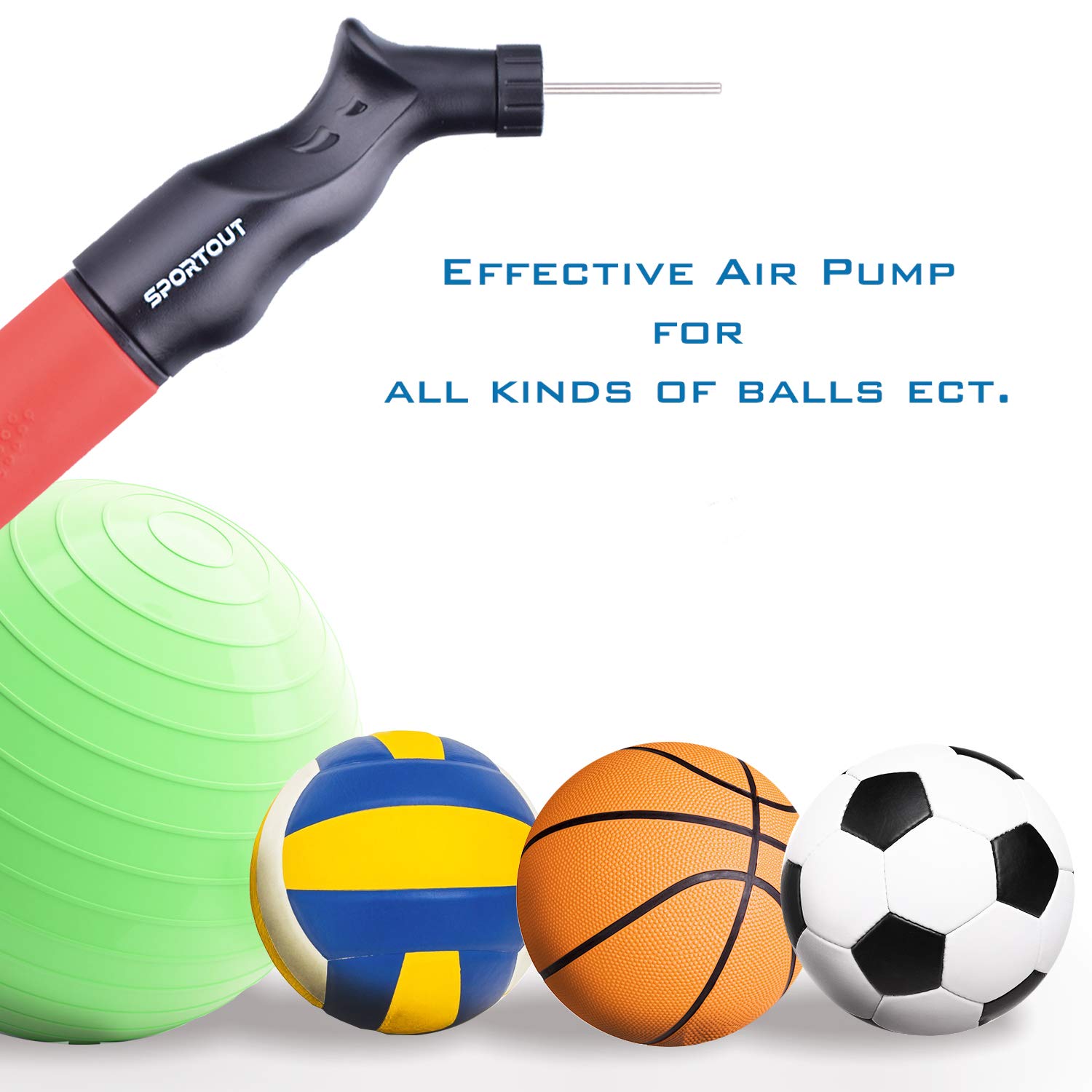 Dual Action Ballenpomp, slechts 15,2 cm lang, met slanghouder, voor voetballen, basketballen, volleyballen, voetbalballen, met 5 naalden en 1 mondstuk