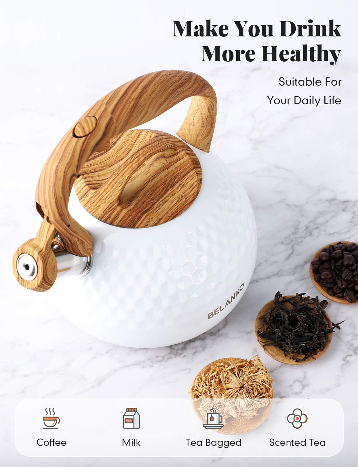 BELANKO 2.7 Quart Tea Kettle for Stovetop - Food Grade Stainless Steel with Diamond Texture, Designer Teapot Look, Cool-Touch Wood Pattern Handle, Whistling Spout - Gloss White