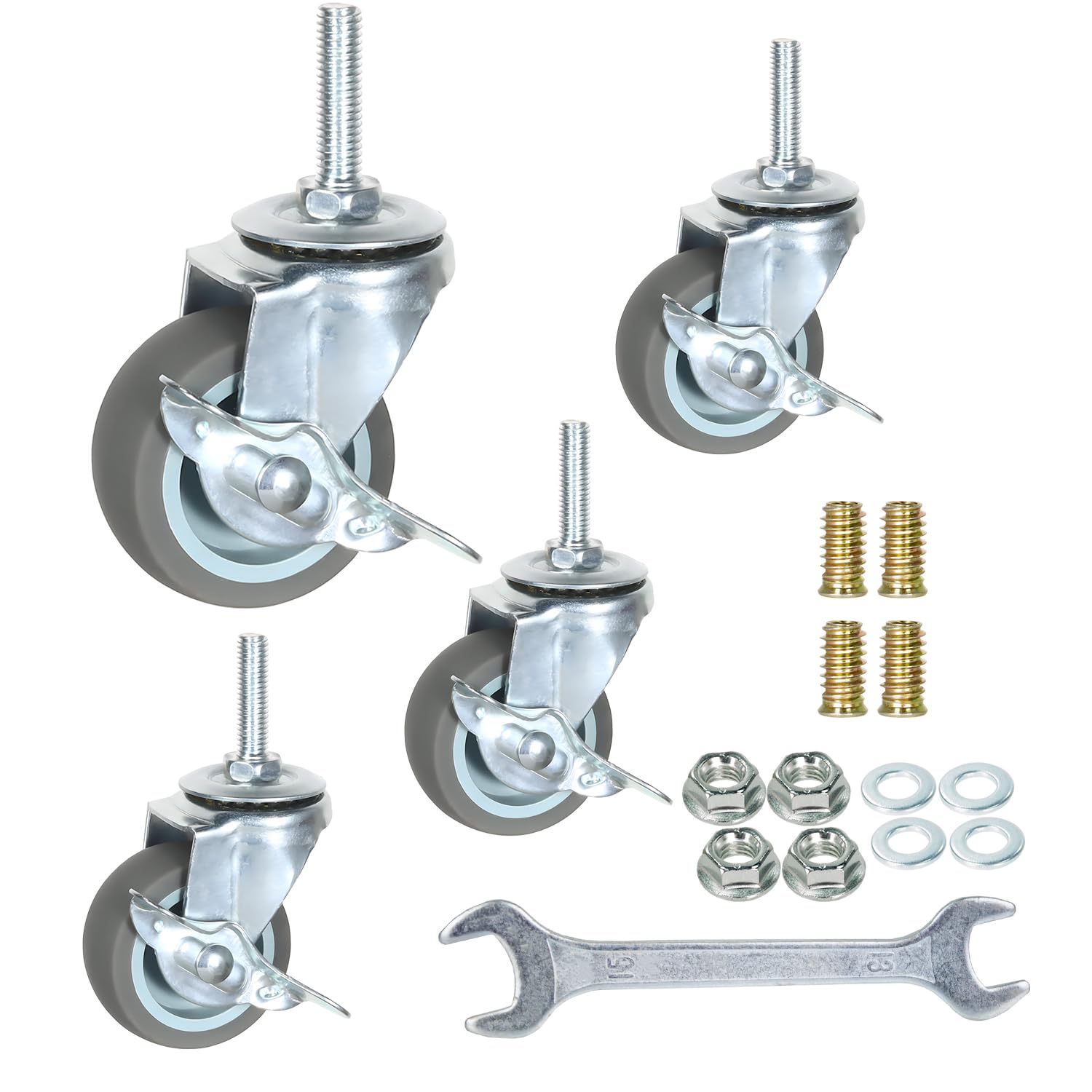 YEEMIGO 2 Inch Swivel Stem Caster Wheels with Brake Set of 4, M8-1.25 Threaded Stem Industrial Rubber Casters, Replacement for Furniture and Workbench