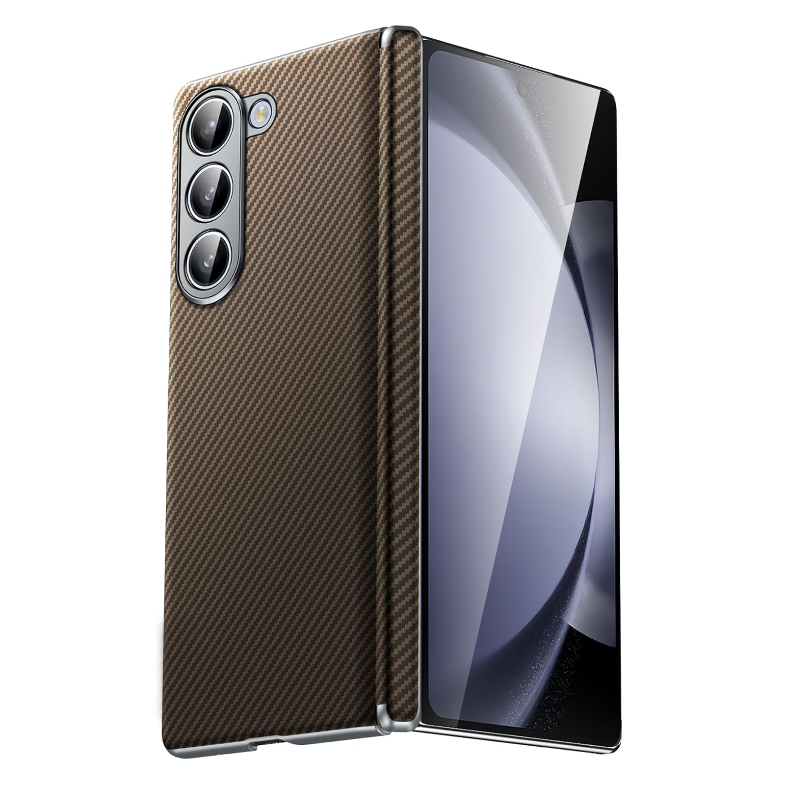 Brązowe, składane 6, skórzane etui do Samsung Galaxy Z Fold 6, magnetyczne etui z otworem na aparat i zawiasem ochronne odporne na zarysowania etui z włókna węglowego